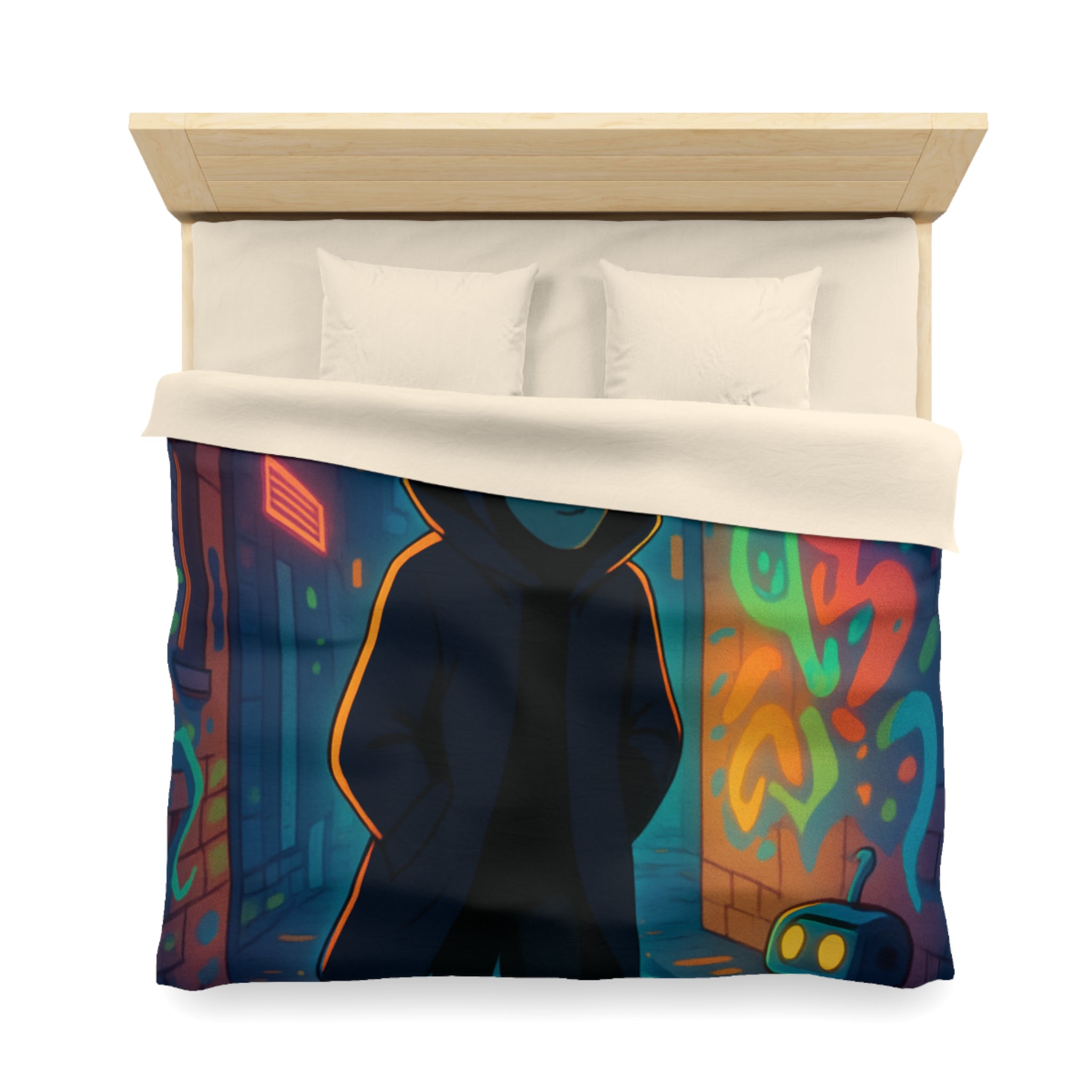 Housse de couette néon, ruelle urbaine cyberpunk avec technologie futuriste et graffitis colorés