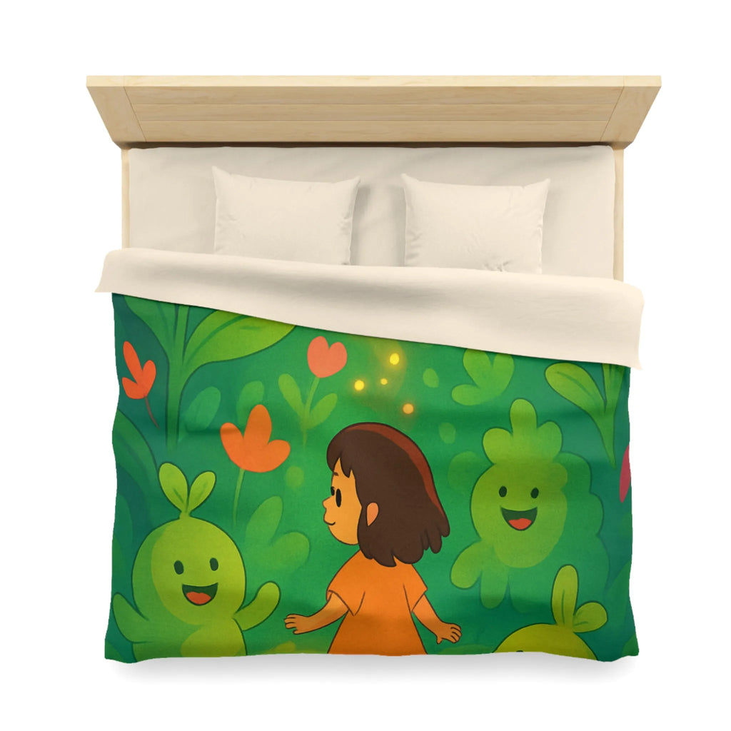Housse de couette enfant avec fleurs colorées et créatures joyeuses dans forêt magique