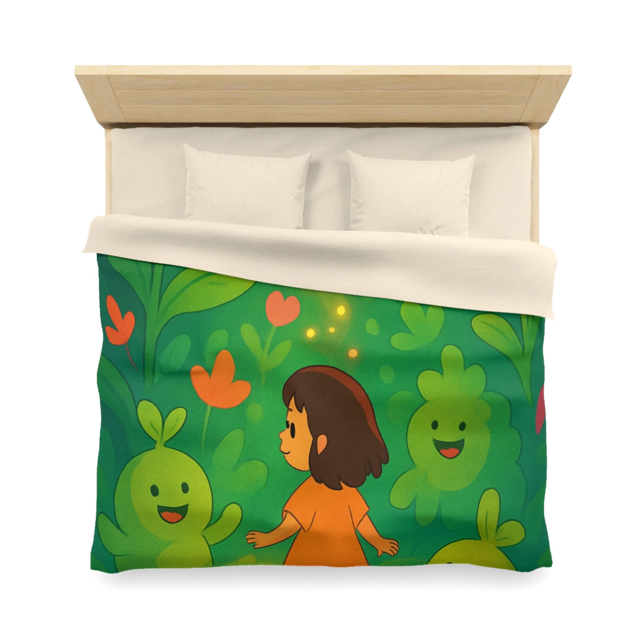 Housse de couette enfant avec fleurs colorées et créatures joyeuses dans forêt magique