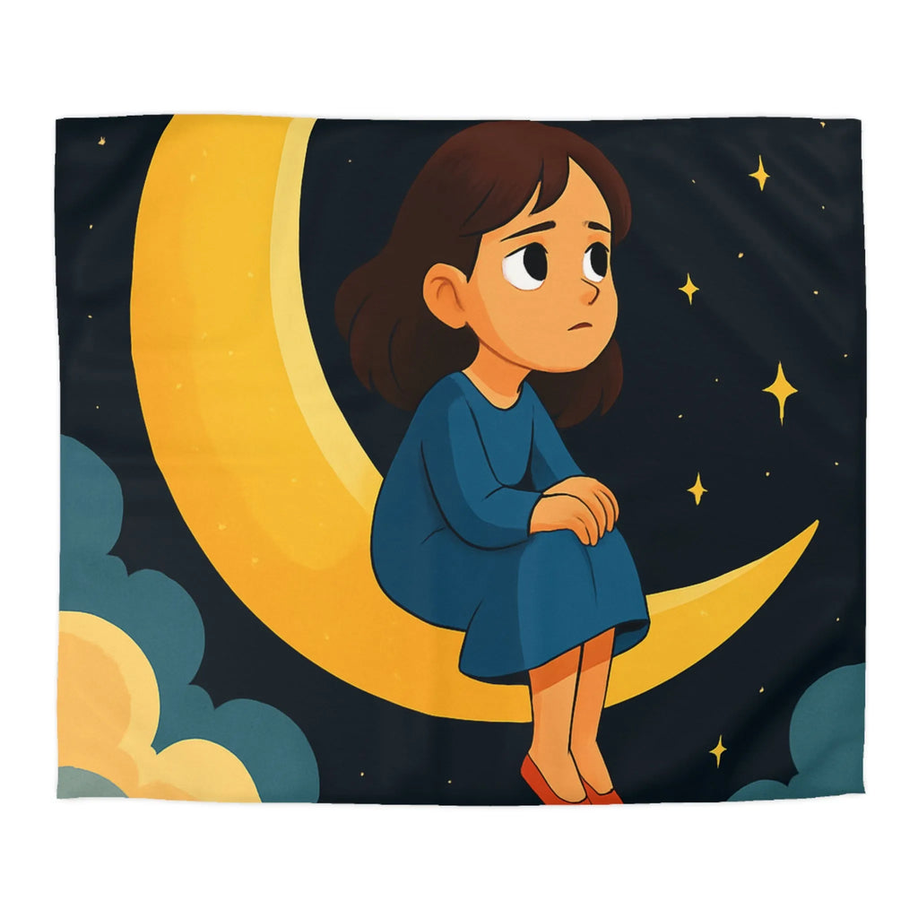 Housse de couette avec lune jaune, ciel étoilé et fille pensive en bleu