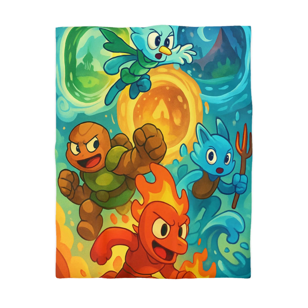 Housse de couette colorée avec motif de personnages d'éléments dans style aventure fantastique