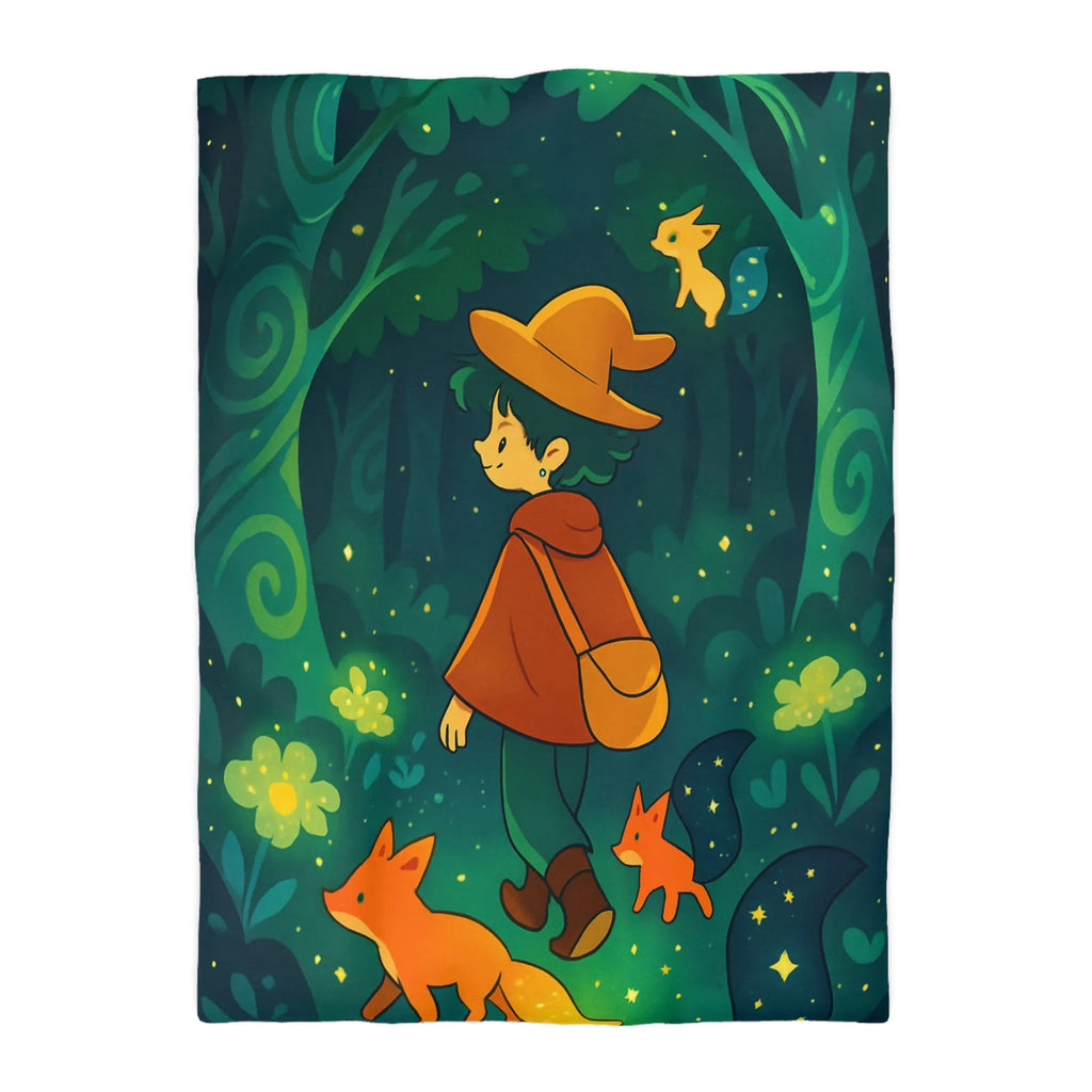 Housse de Couette Forêt Enchantée Enfants Renards Orange Jaune Vert Fantaisie Nuit