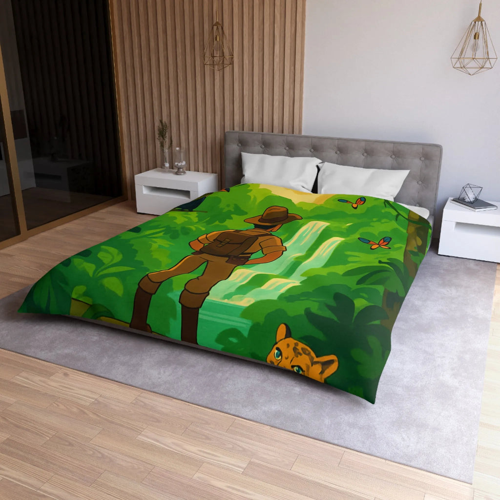 Housse de couette jungle exotique avec explorateur, toucan et paysages luxuriants