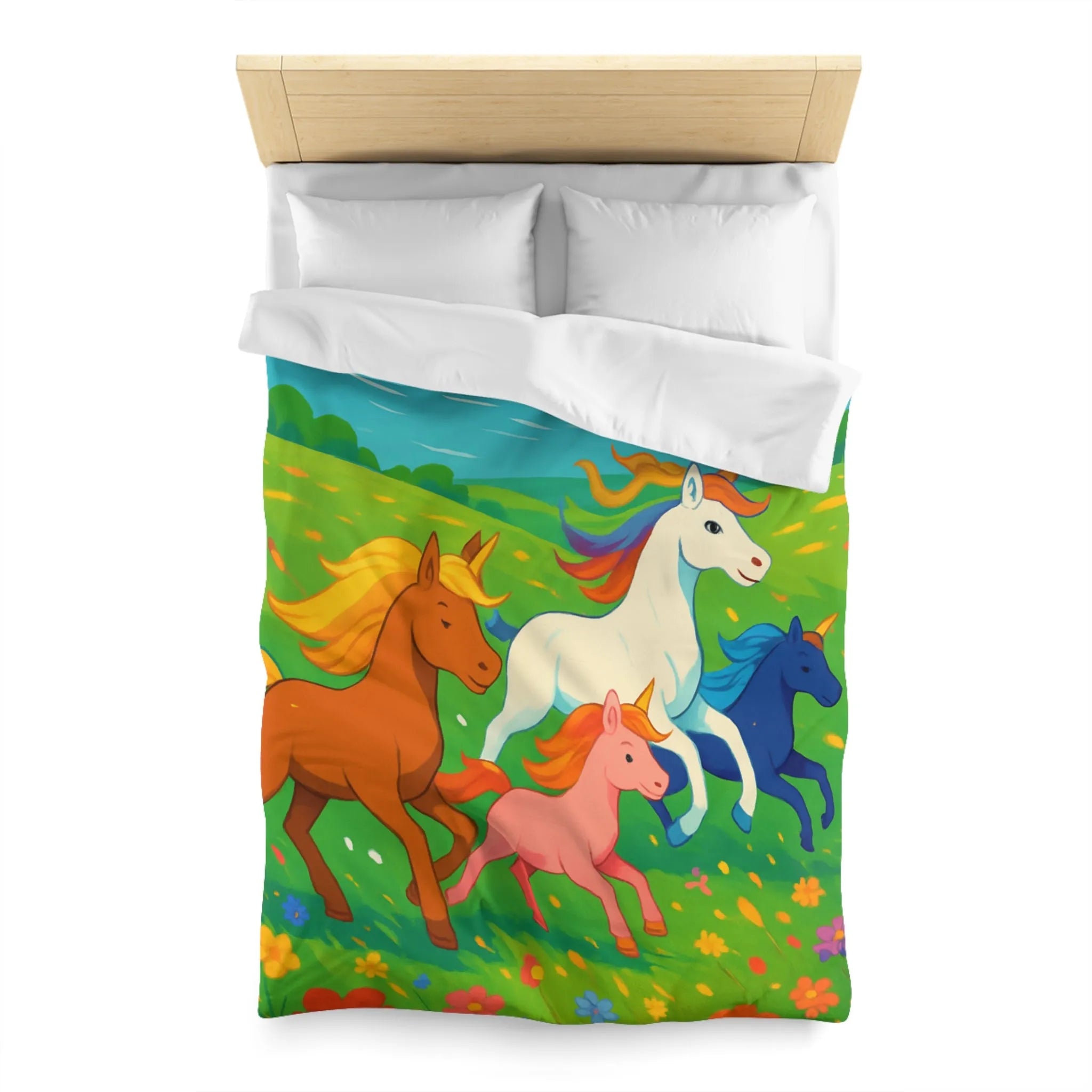 Housse de couette colorée avec prairies luxuriantes et chevaux arc-en-ciel en galop