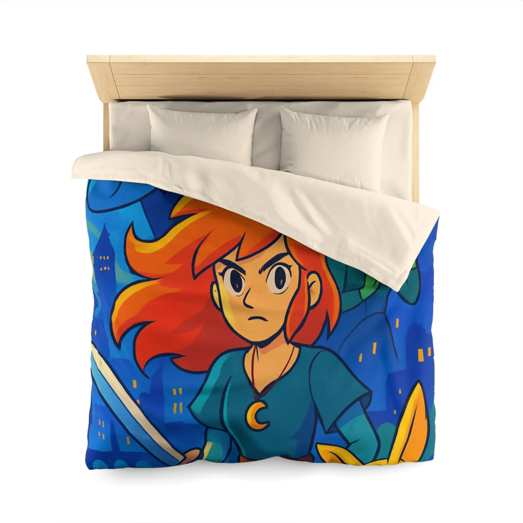 Housse de couette héroïque avec épée, ville nocturne et créatures fantastiques colorées