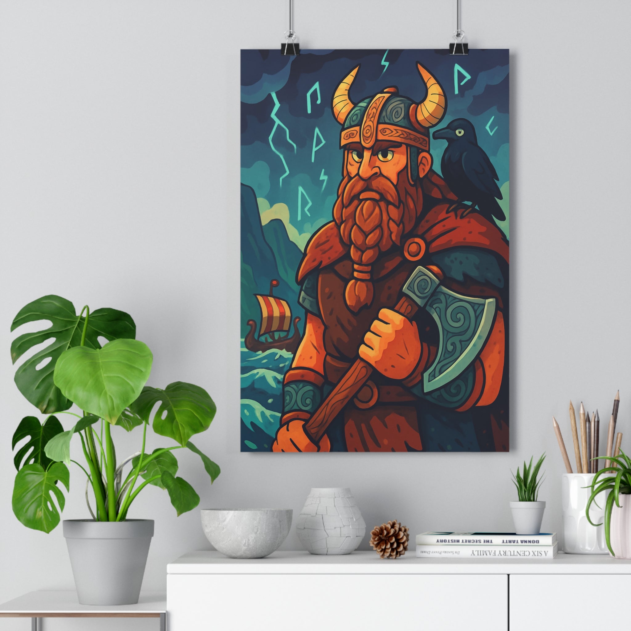 Poster décoratif cartoon bleu mystique guerrier nordique aventure chambre salon art mural unique qualité