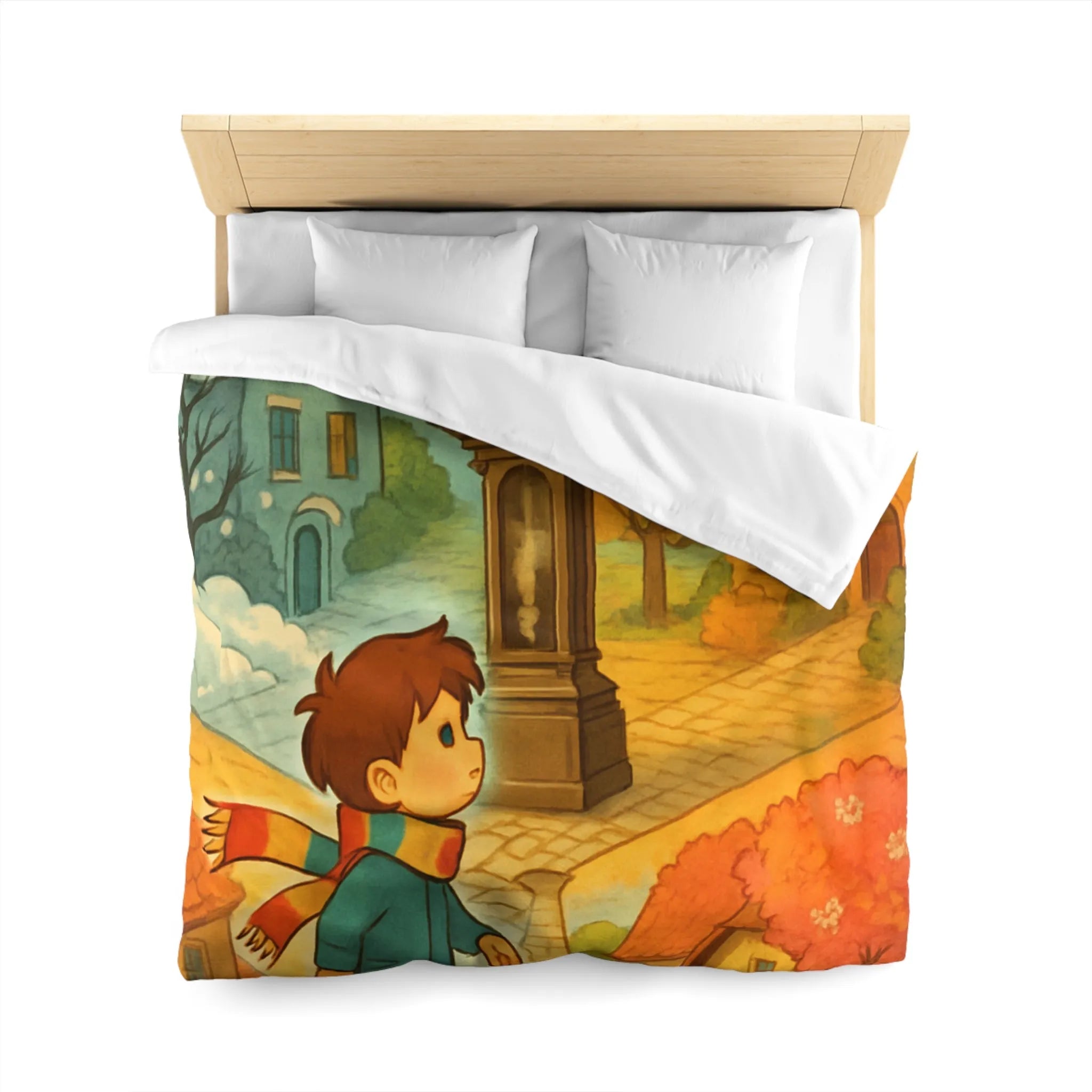 Housse de Couette Enfant Colorée avec Scène Enchanteresse de Village et Horloge Fantaisiste