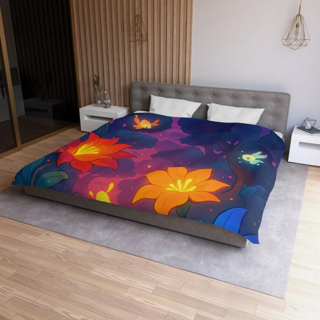 Housse de Couette avec Fleurs Lumineuses et Paysage Enchanté de Forêt Magique Nocturne