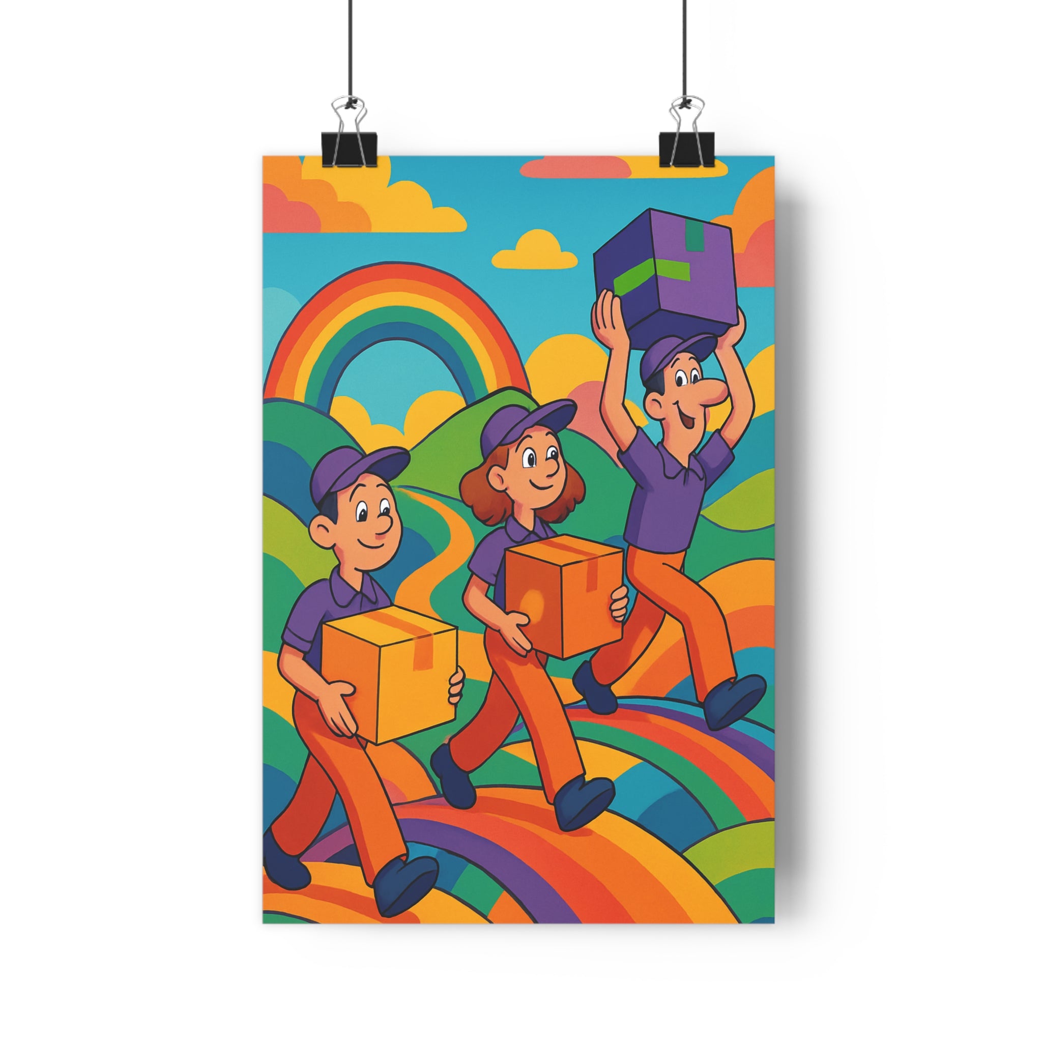 Poster décoratif coloré violet orange cartoon aventure joyeux enfant chambre salon unique fantaisie vibrant