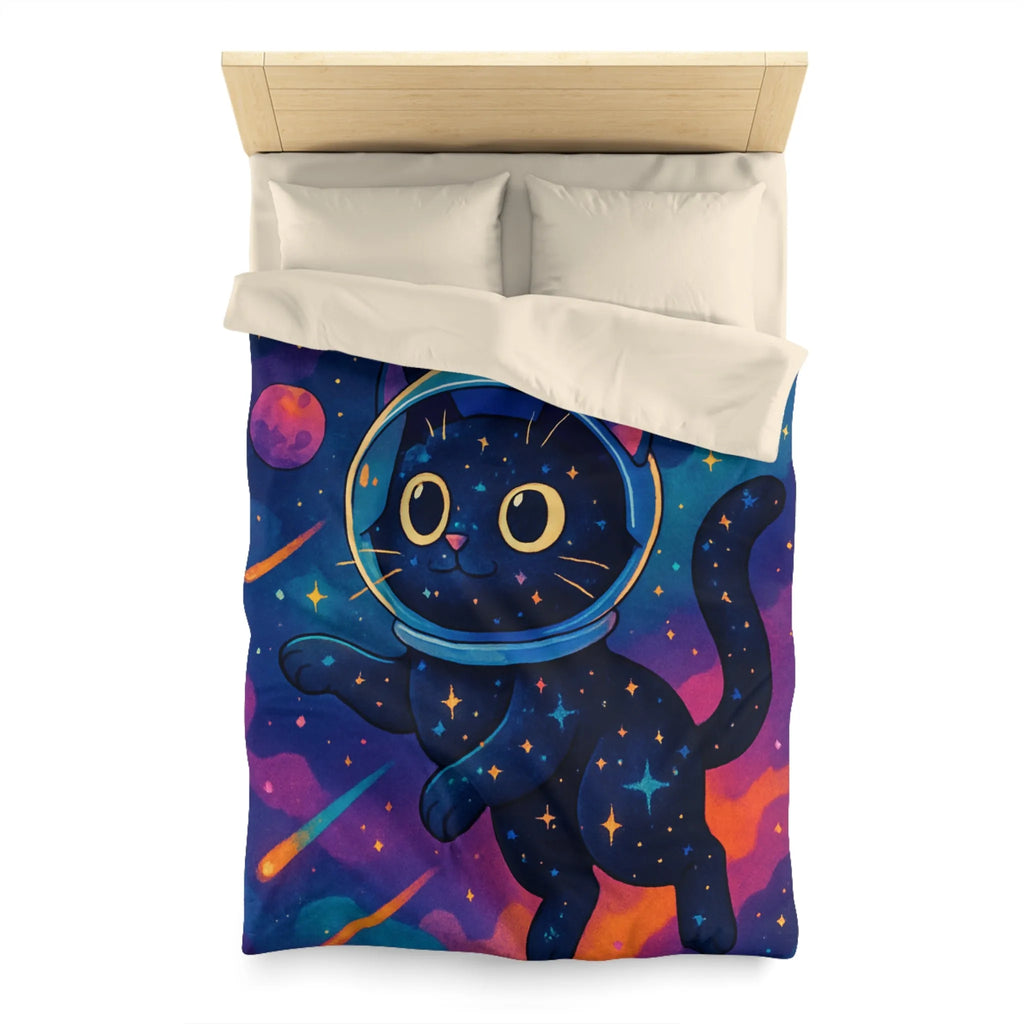 Housse de couette chat cosmique dans l’espace avec étoiles et planètes colorées