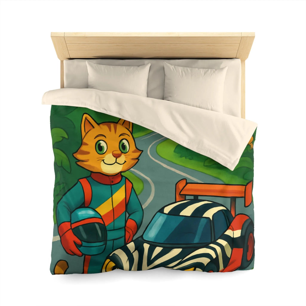 Housse de couette illustrée avec pilote chat, voiture zébrée et jungle luxuriante