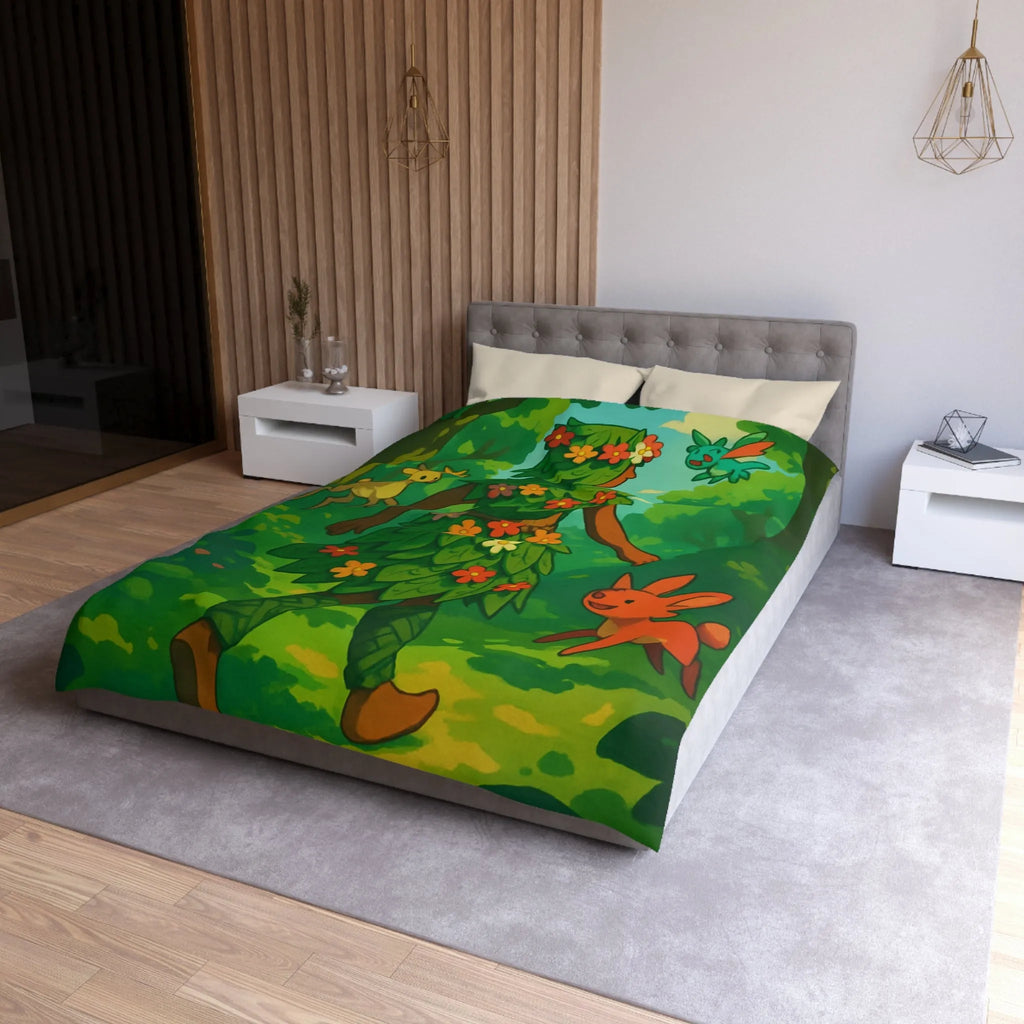 Housse de couette forêt enchantée avec créatures et personnage naturel aux couleurs vibrantes