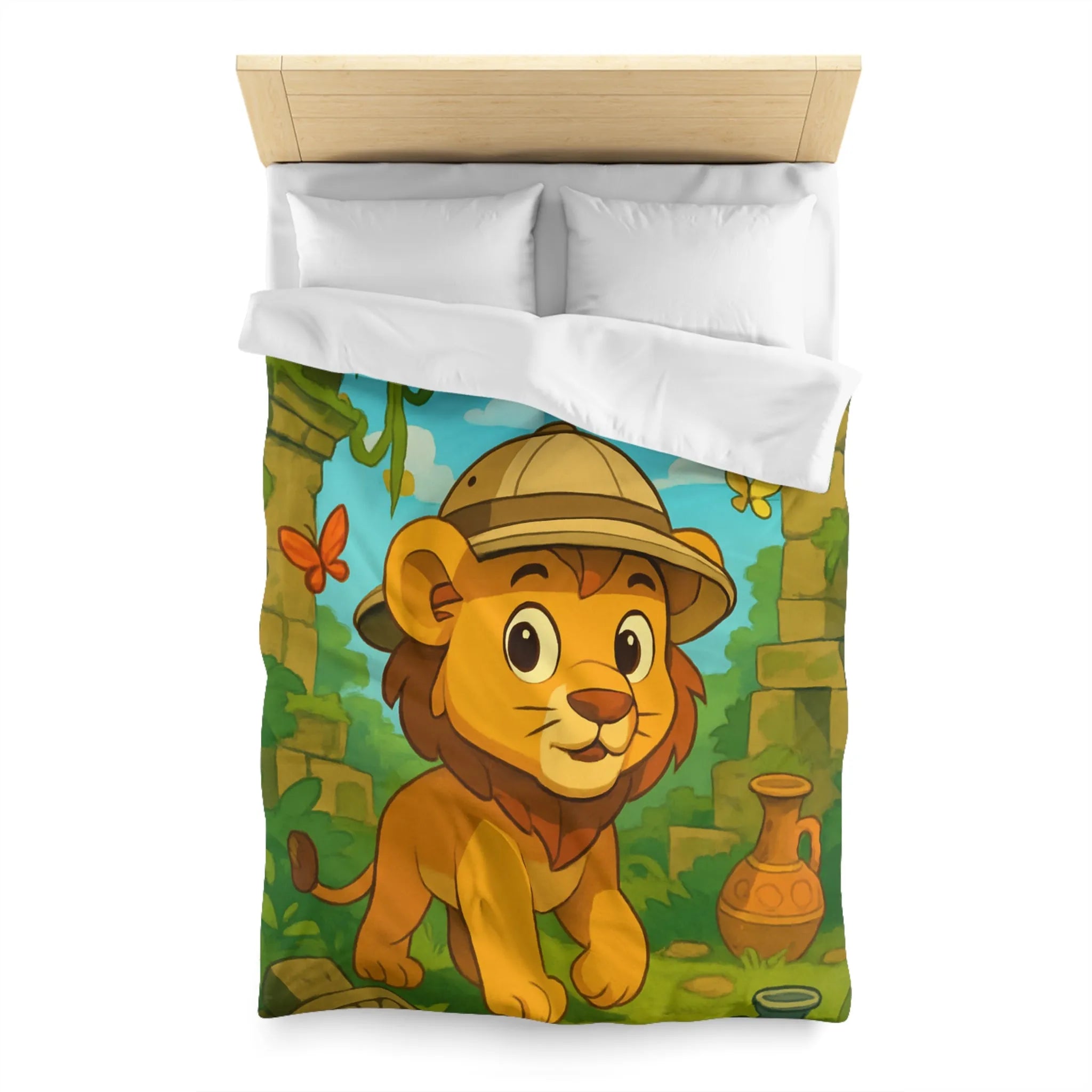 Housse de couette enfant safari lionceau explorateur avec papillons jungle dessin animé