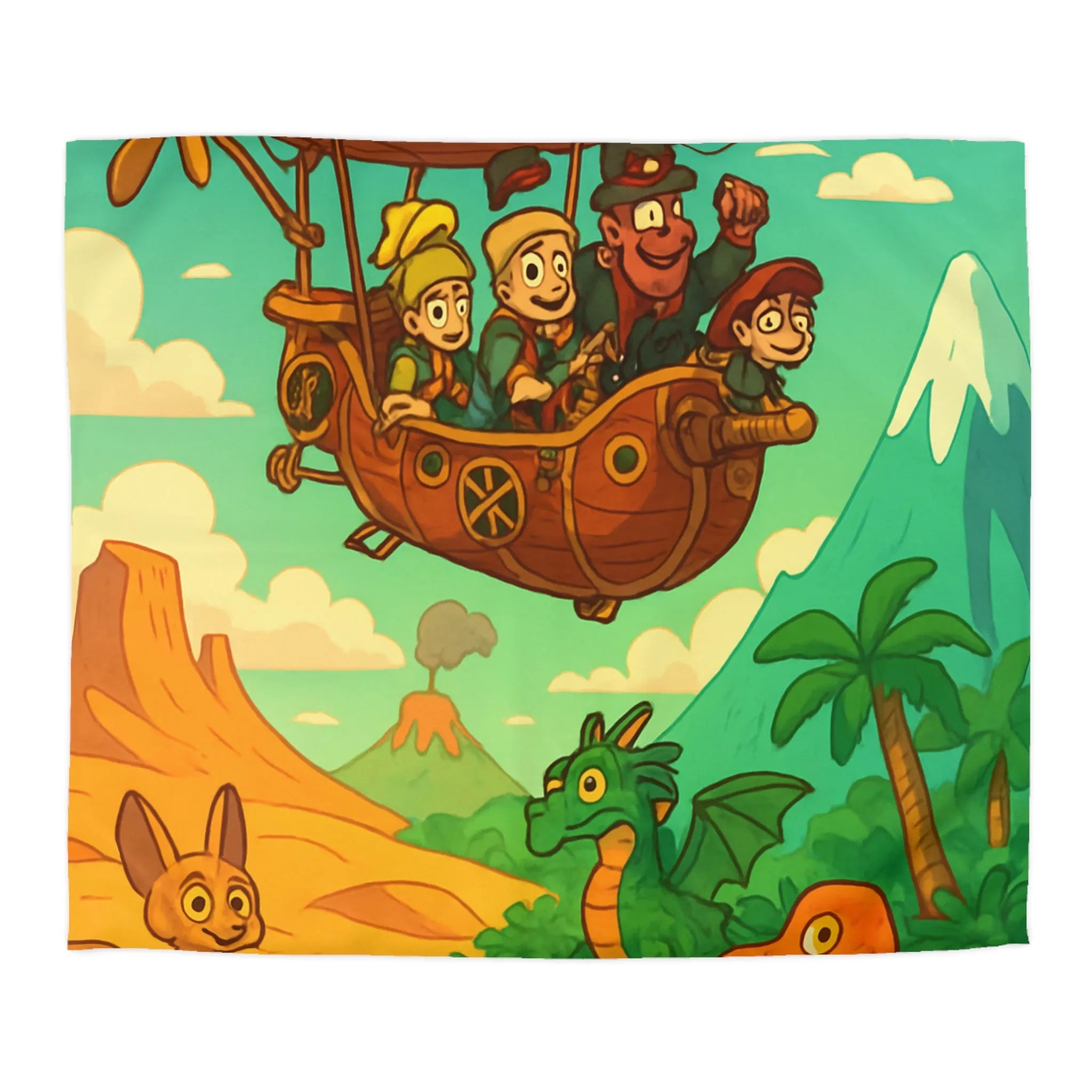 Adorable Housse de Couette Aventure Ballon Dirigeable avec Dinosaure et Paysage Montagnard