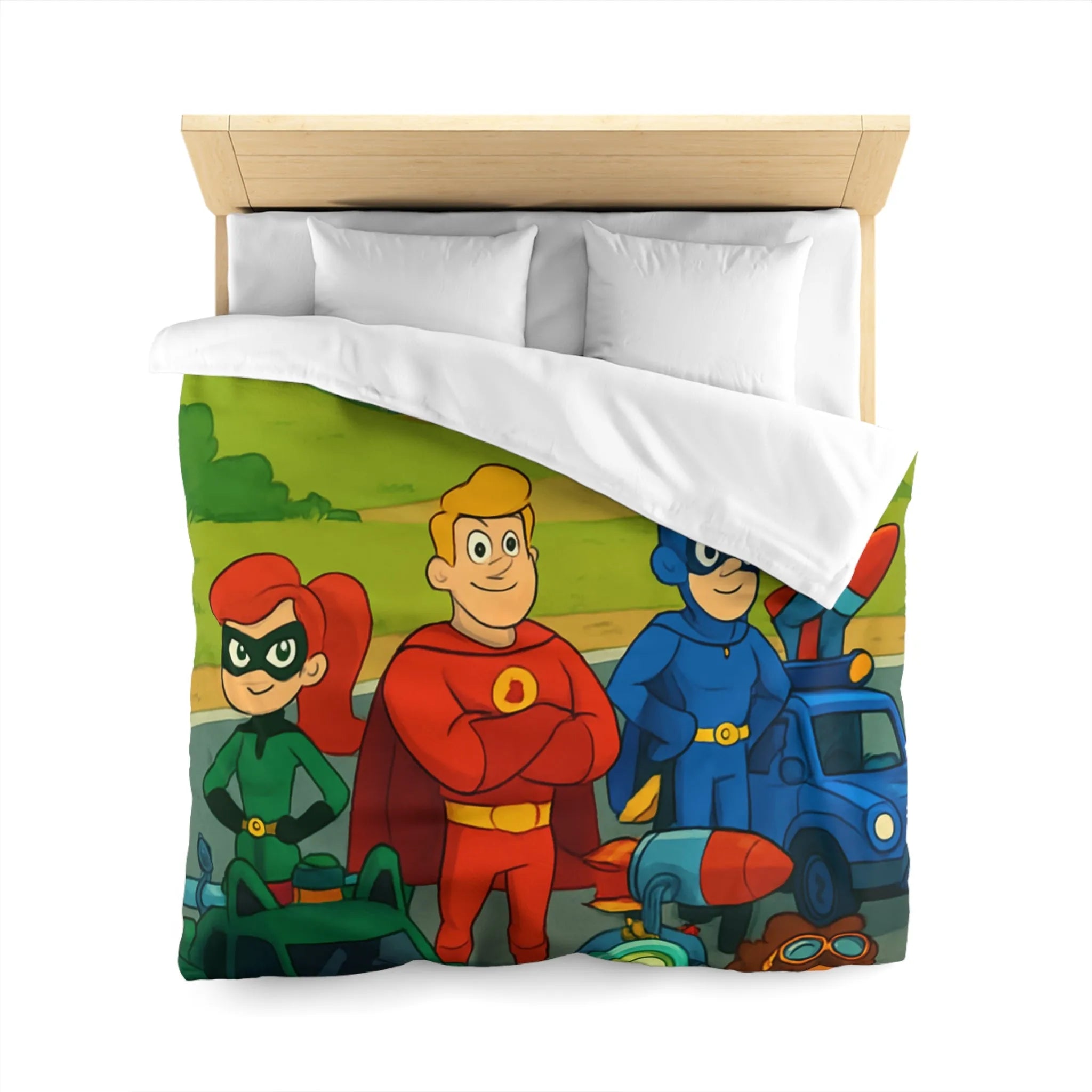 Housse de couette enfant avec super-héros et véhicules colorés dans paysage cartoon vibrant