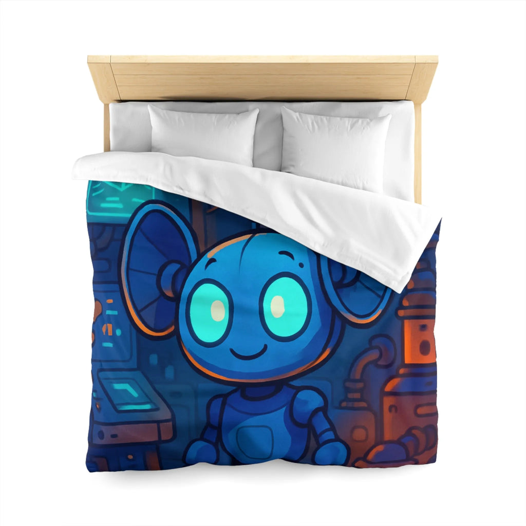 Housse de couette enfant motif robot mignon bleu dans laboratoire futuriste nuit