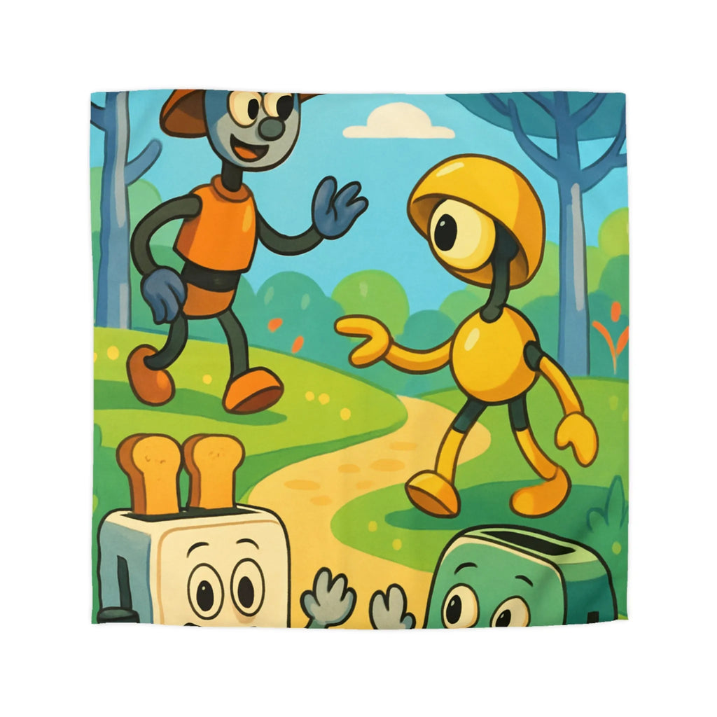 Housse de couette colorée avec robots joyeux et paysage forestier graphique