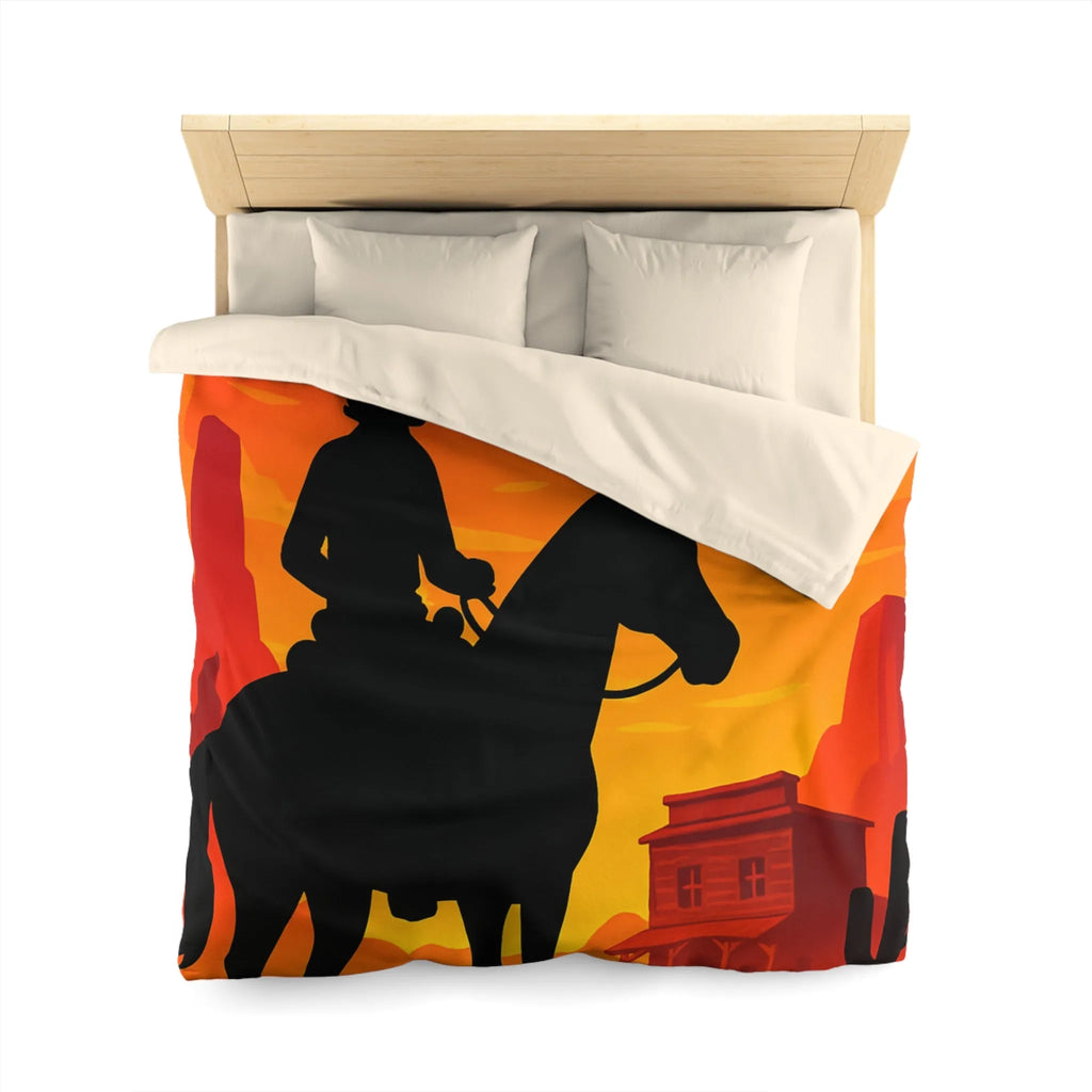 Housse de couette Far West cavalier cheval silhouette coucher de soleil scène désertique
