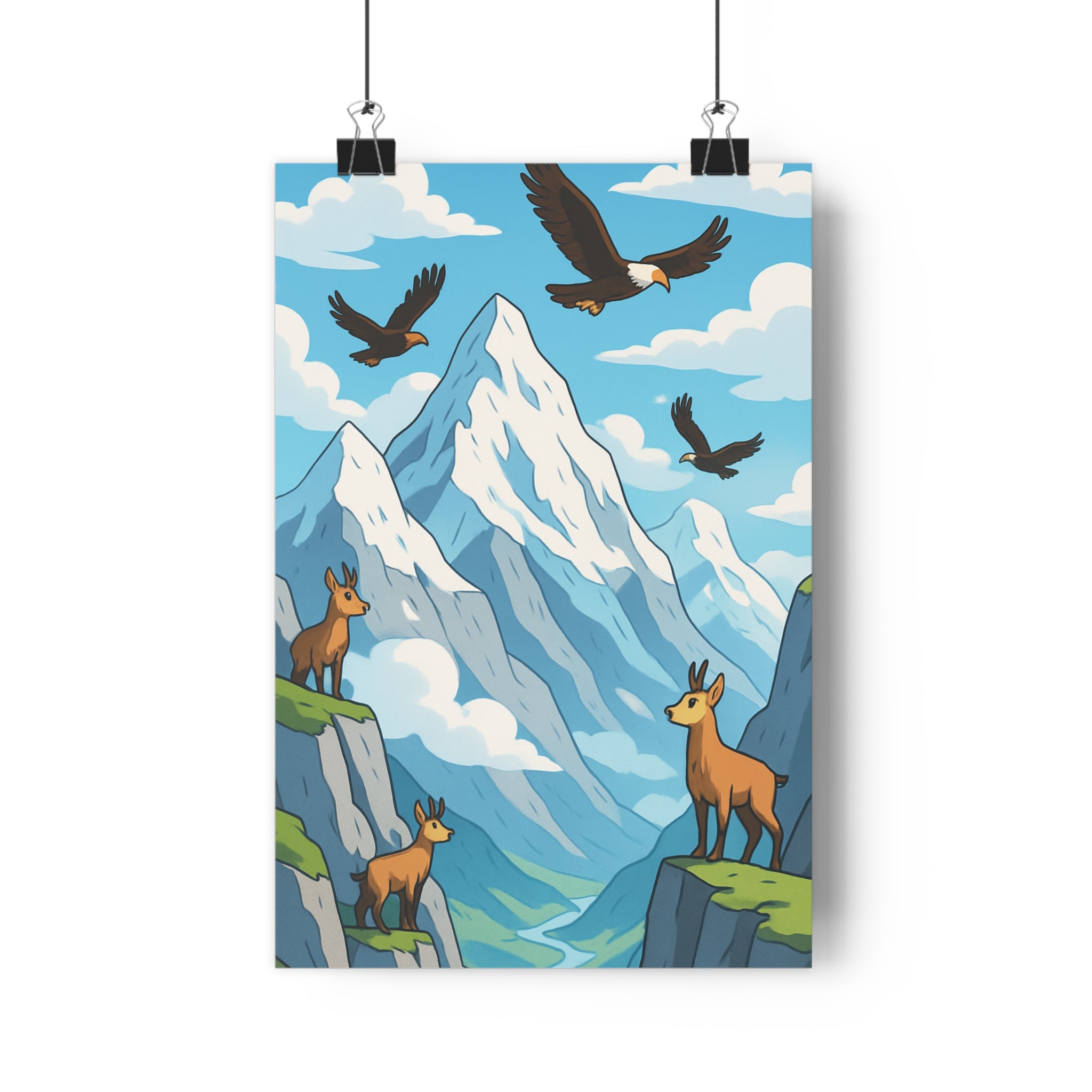 Poster décoratif animé paysage montagne bleu vert naturel apaisant chambre salon relief qualité qualité