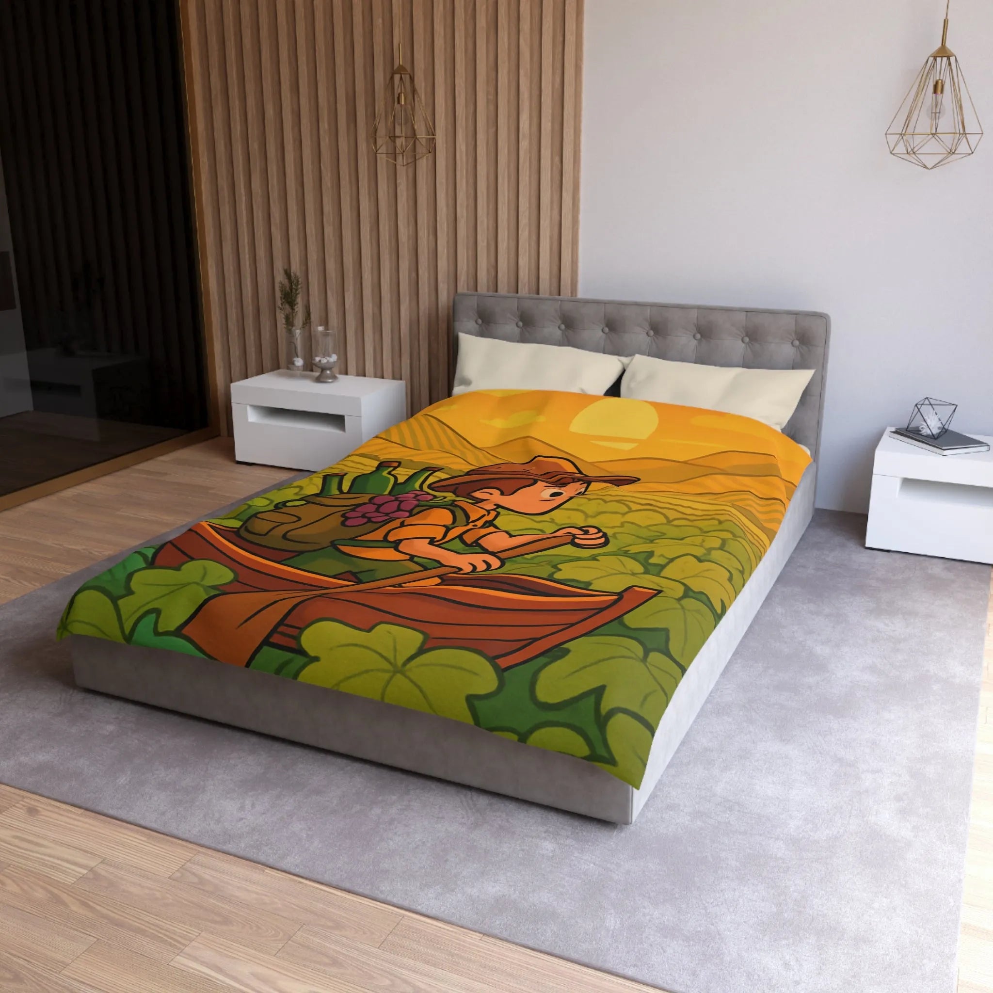 Housse de couette colorée avec paysage de vignoble et enfant en bateau