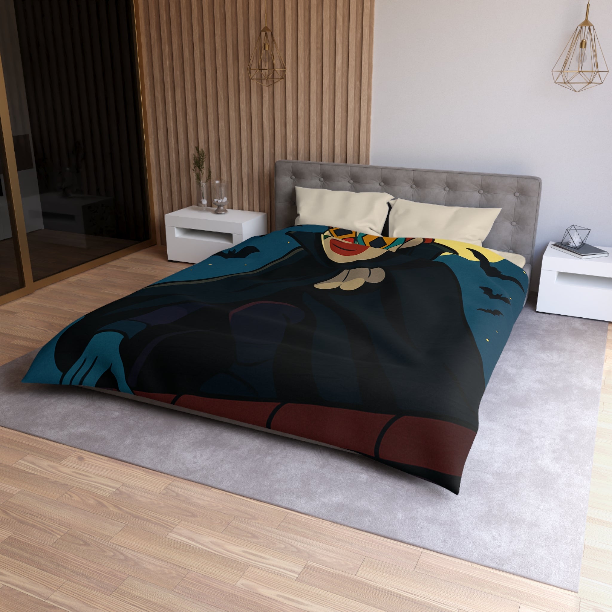 Masque Joker Coloré Sous Pleine Lune avec Chauves-Souris sur une Toiture Effrayante