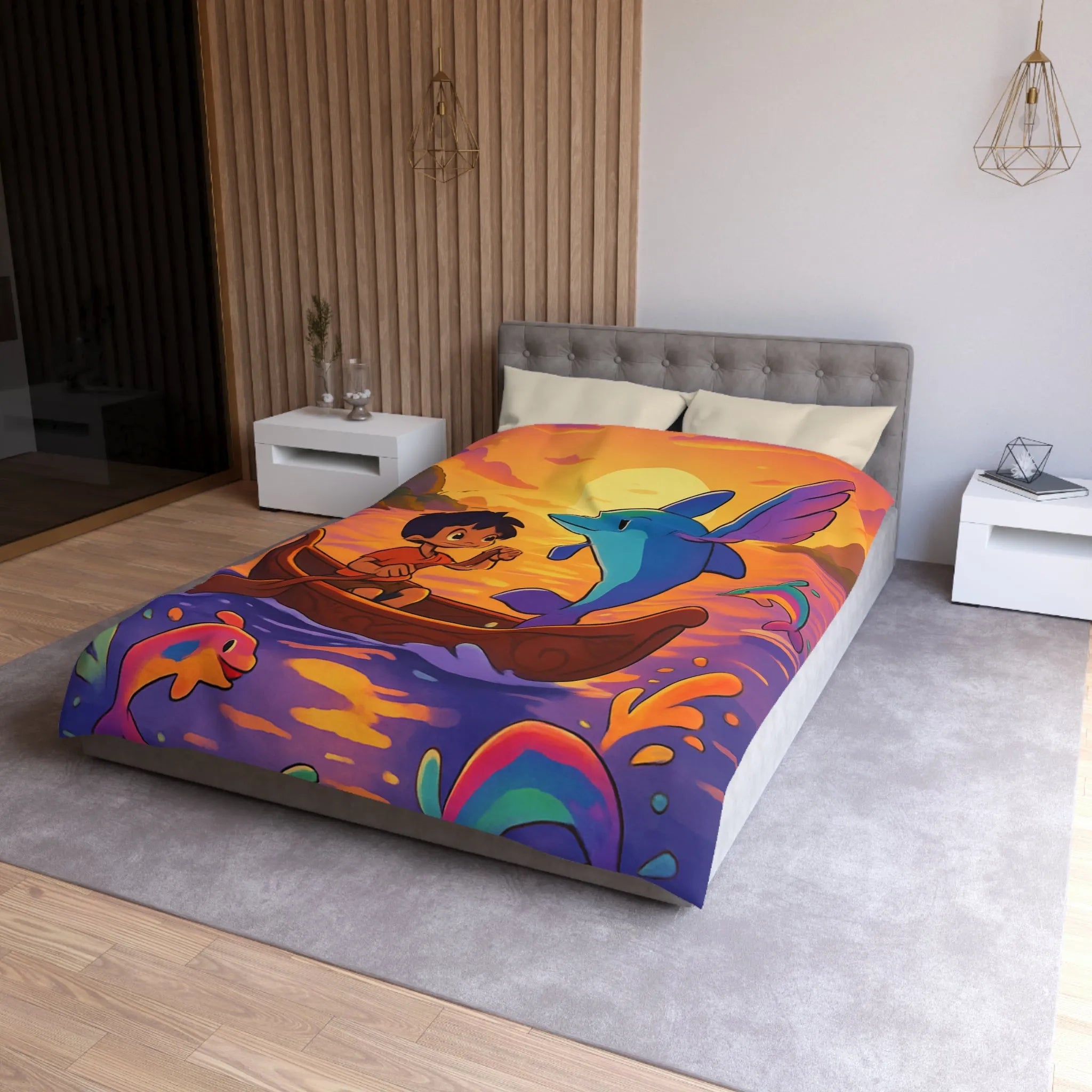 Housse de Couette Enfant : Dauphin Bleu, Aventure en Barque, Coucher de Soleil