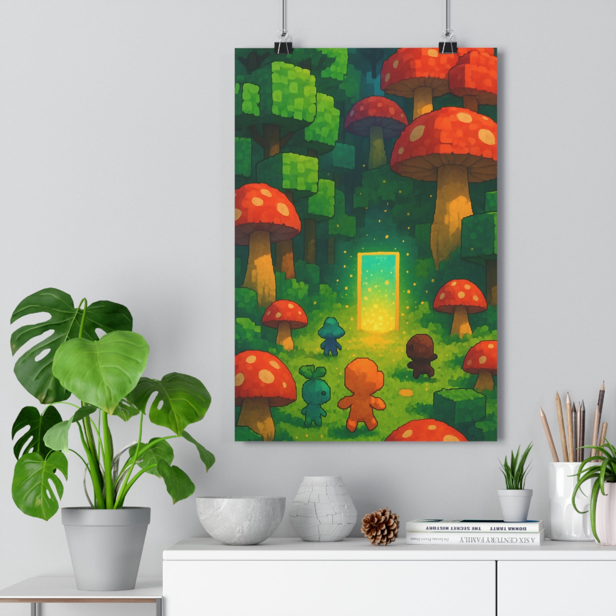 Poster décoratif fantastique forêt enchantée vert violet cartoon mystique chambre enfant créatures lumineuses ambiance