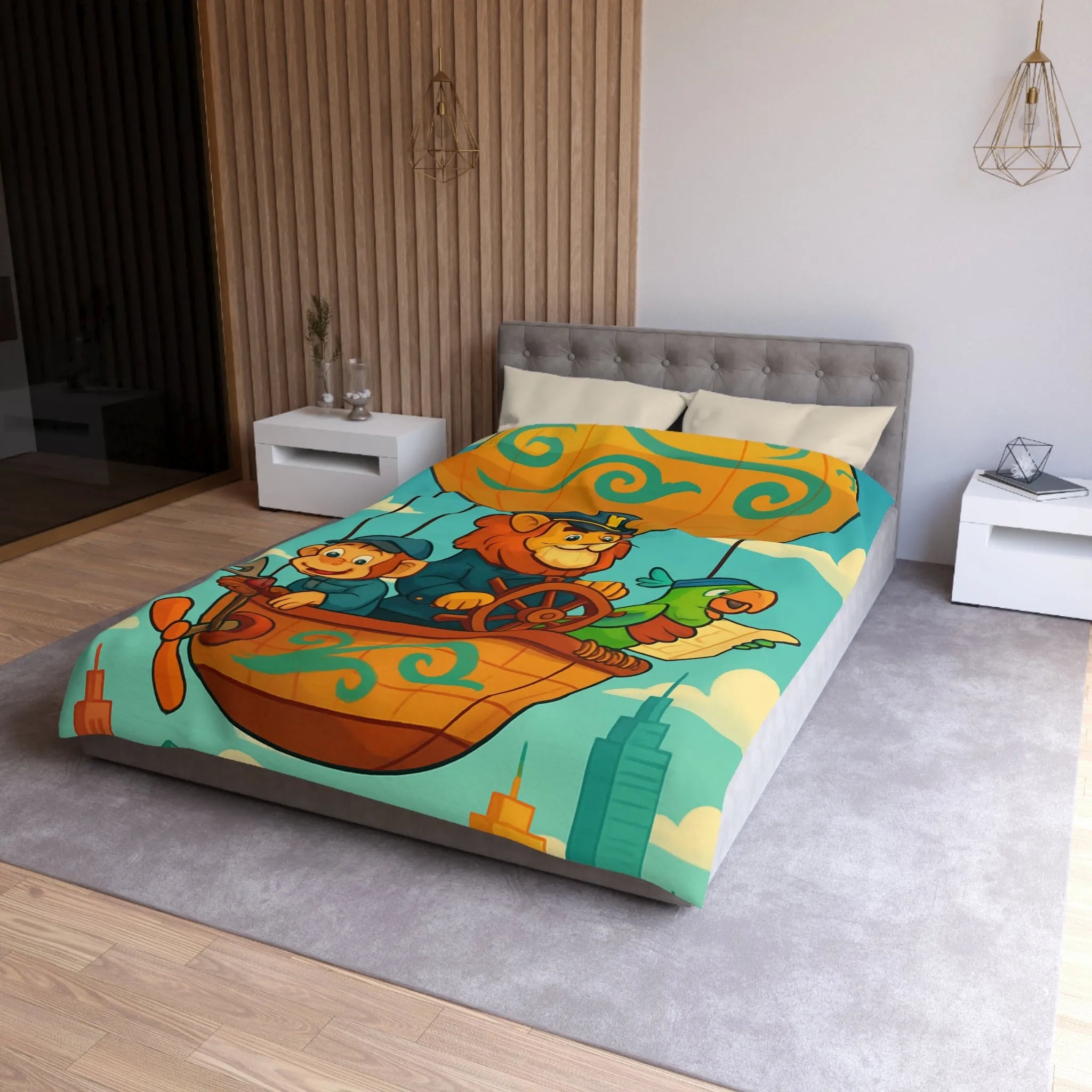 Housse de couette enfant avec montgolfière lion, singe, perroquet colorée et joyeuse