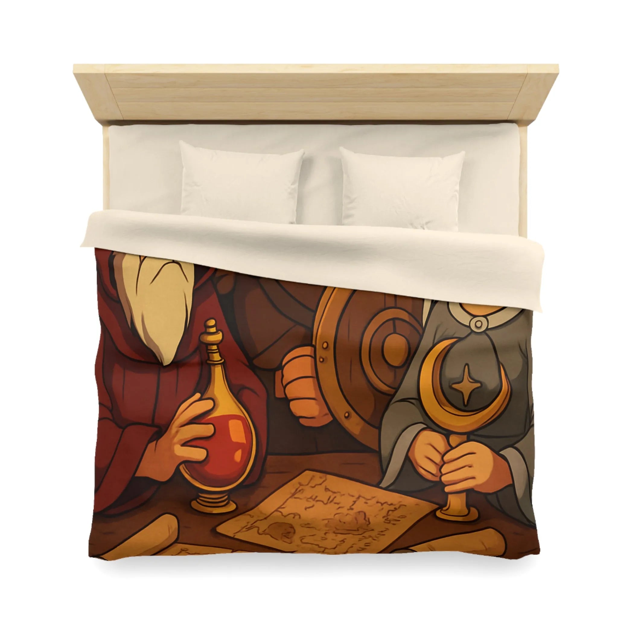 Housse de couette médiévale avec guerrier, mage et princesse tenant des artefacts anciens
