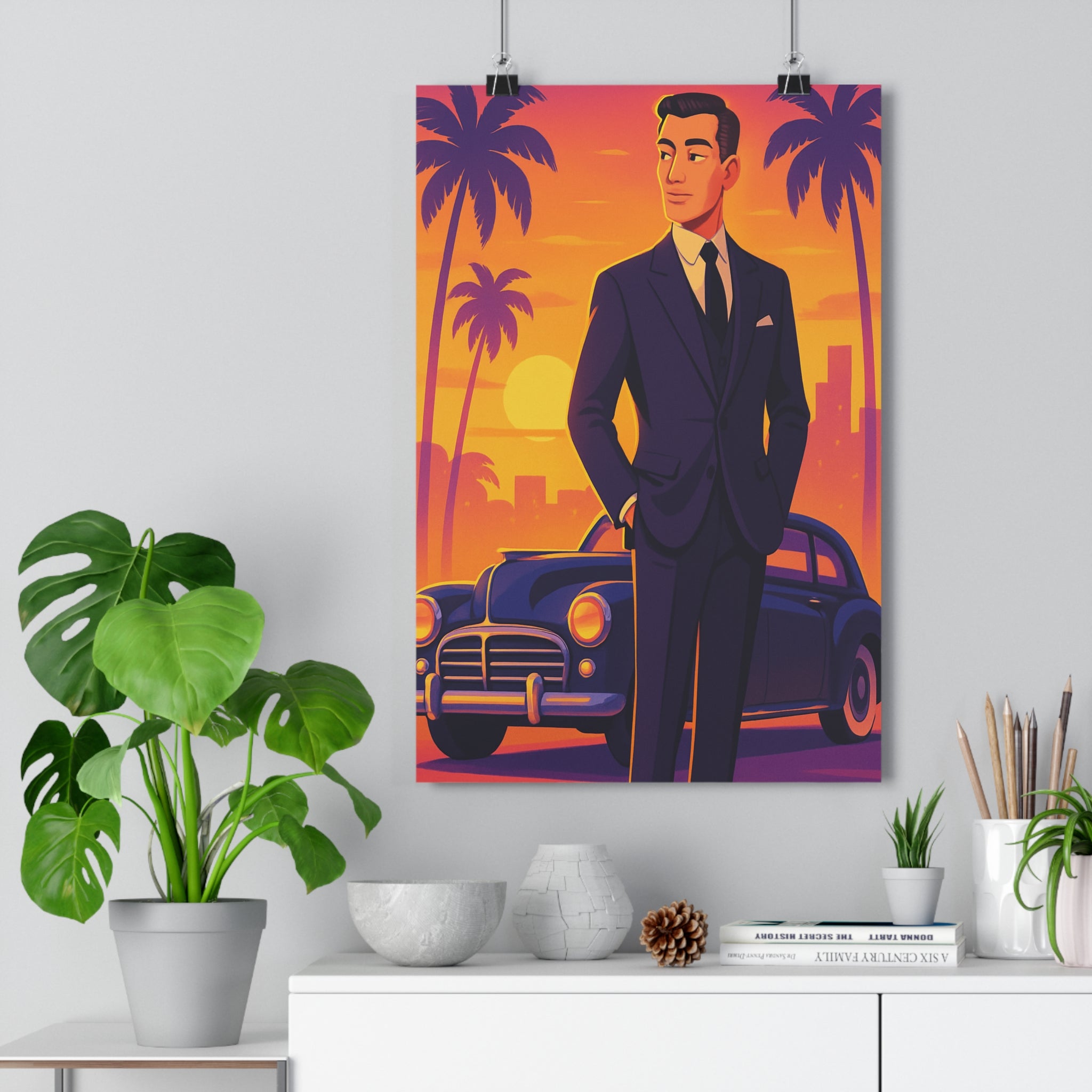 Poster décoratif crépusculaire cartoon orange violet élégant salon chambre intérieur sophistiqué luxe moderne qualité