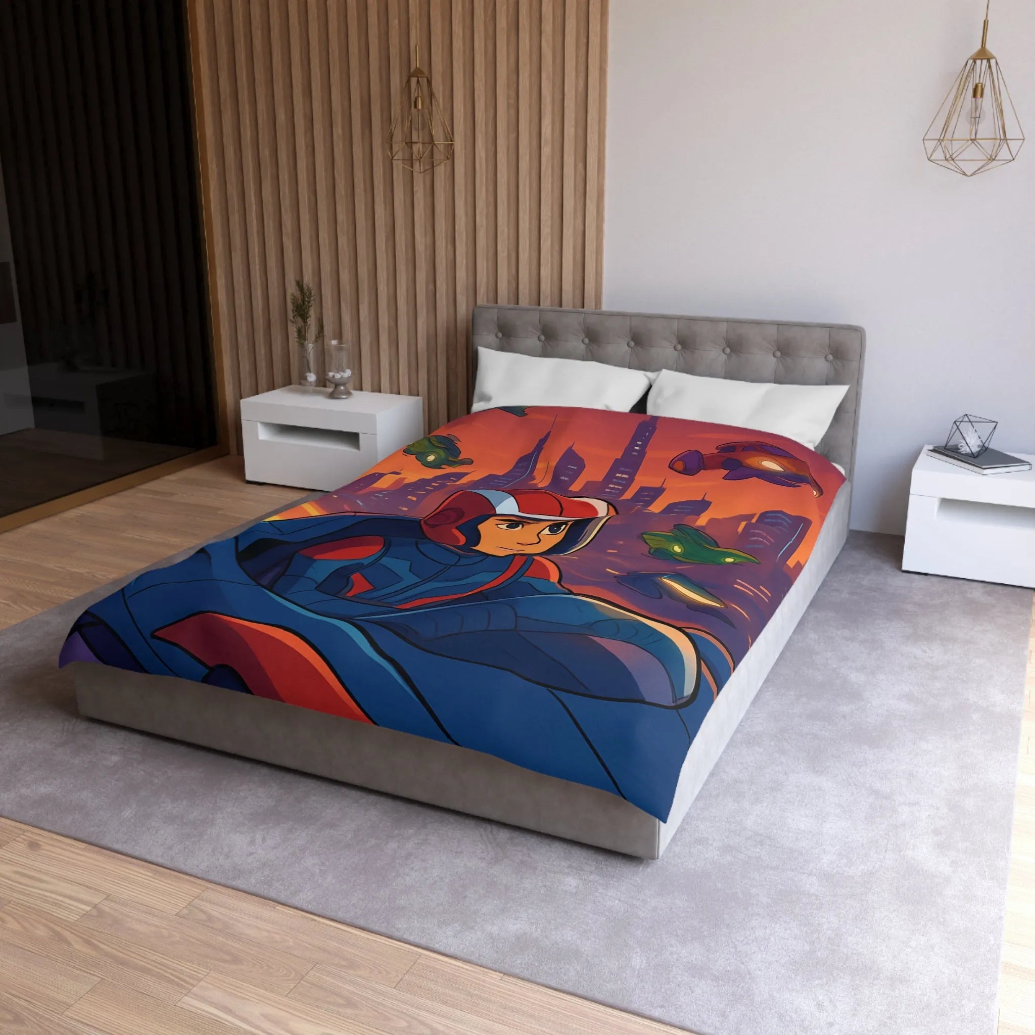 Housse de couette futuriste avec pilote de course et voitures volantes en ville