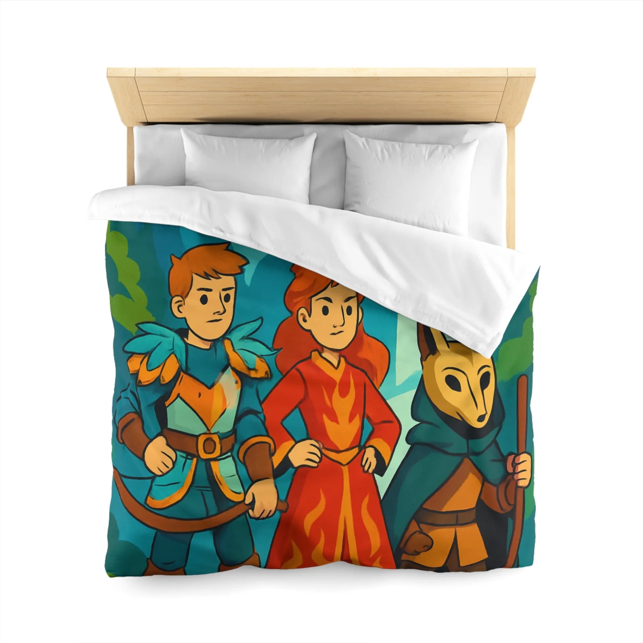 Housse de couette avec illustration aventureuse de personnages devant une cascade majestueuse