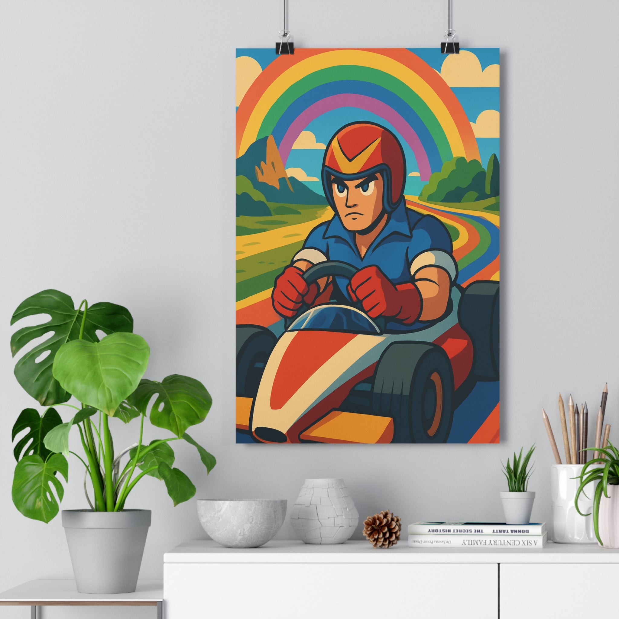 Poster décoratif anime course kart rouge blanc épique vibrant enfant chambre dynamique moderne ambiance