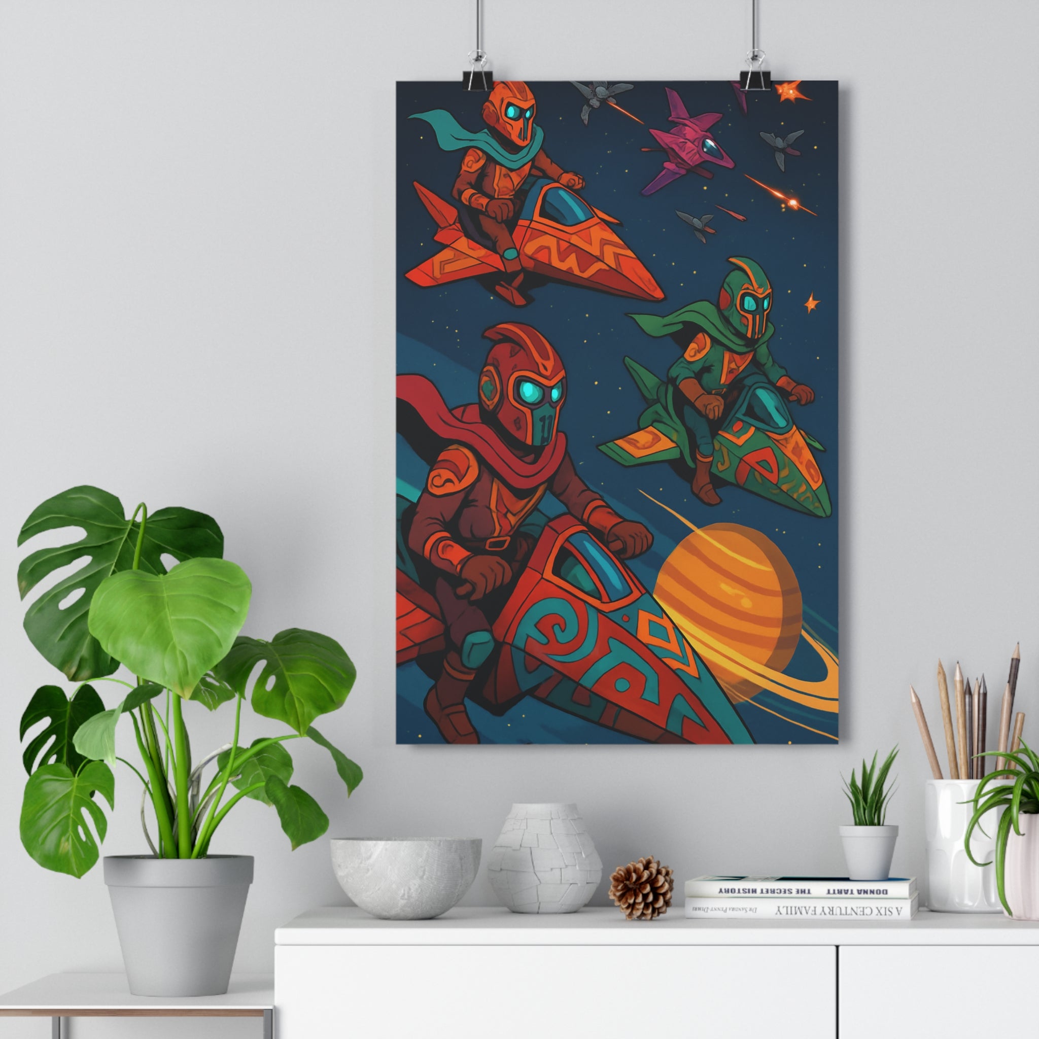 Poster décoratif futuriste orange rouge vert aventure moderne chambre salon unique dynamique vibrant étoilé