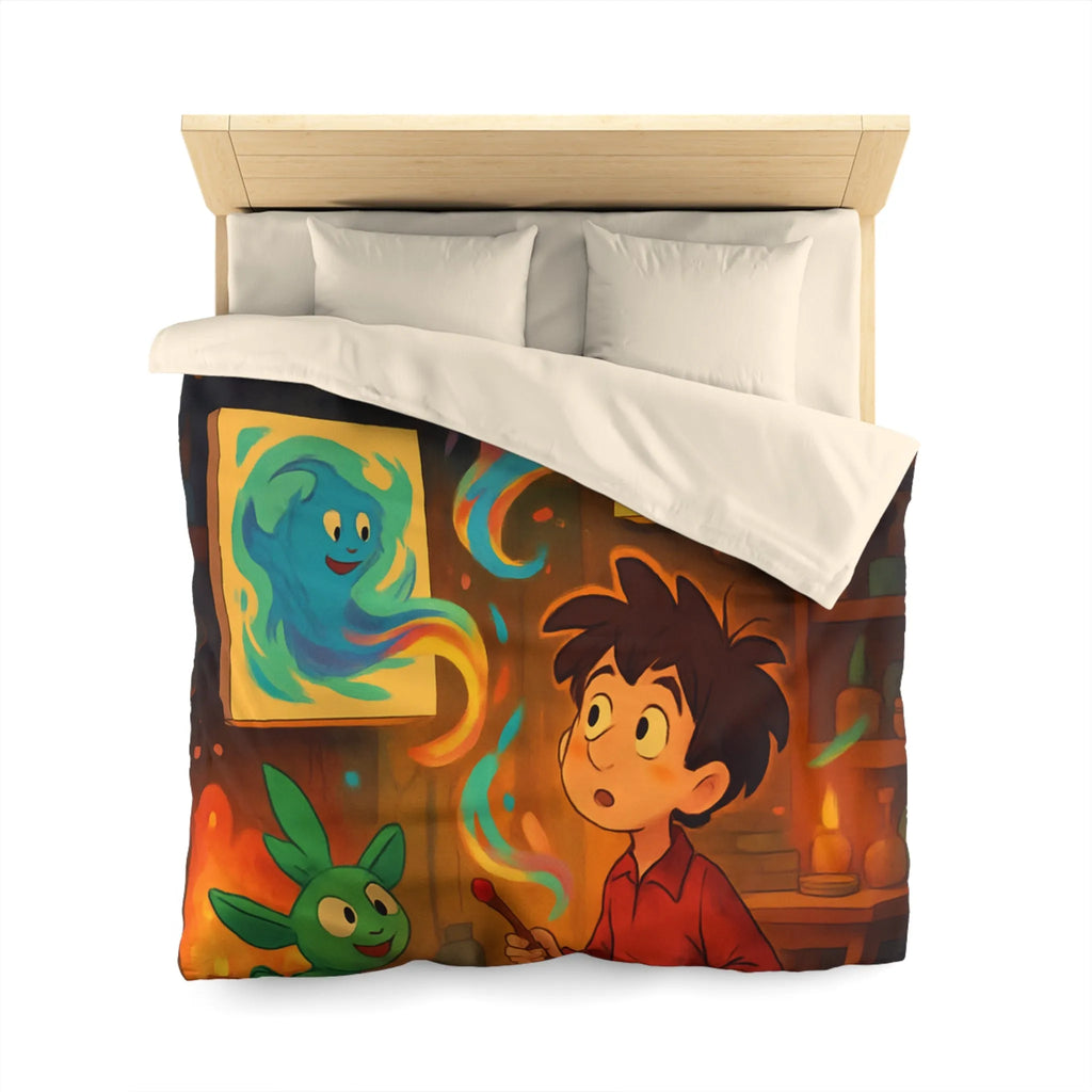 Housse de couette magique illustrant un artiste jeunesse avec créatures fantastiques et peintures lumineuses