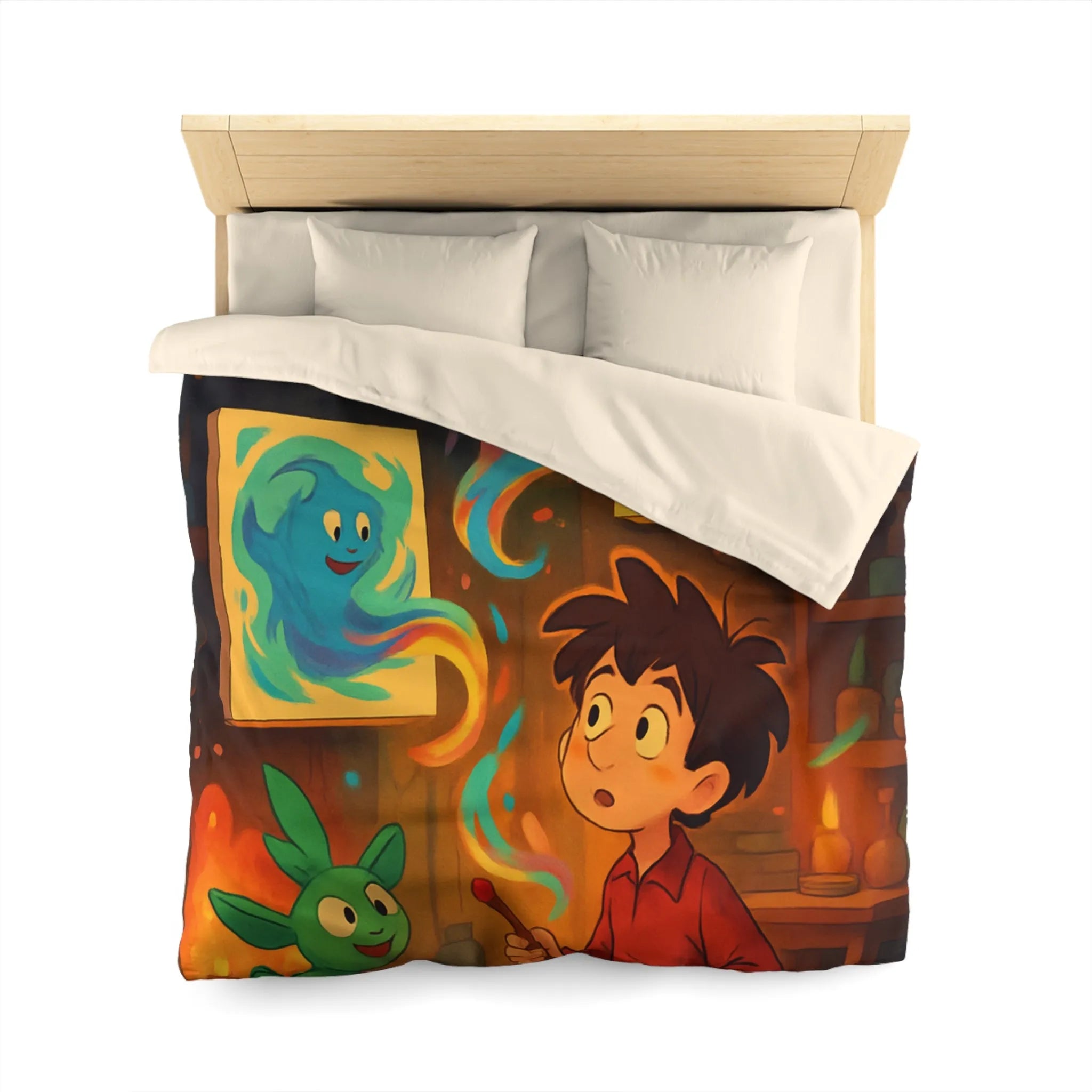 Housse de couette magique illustrant un artiste jeunesse avec créatures fantastiques et peintures lumineuses