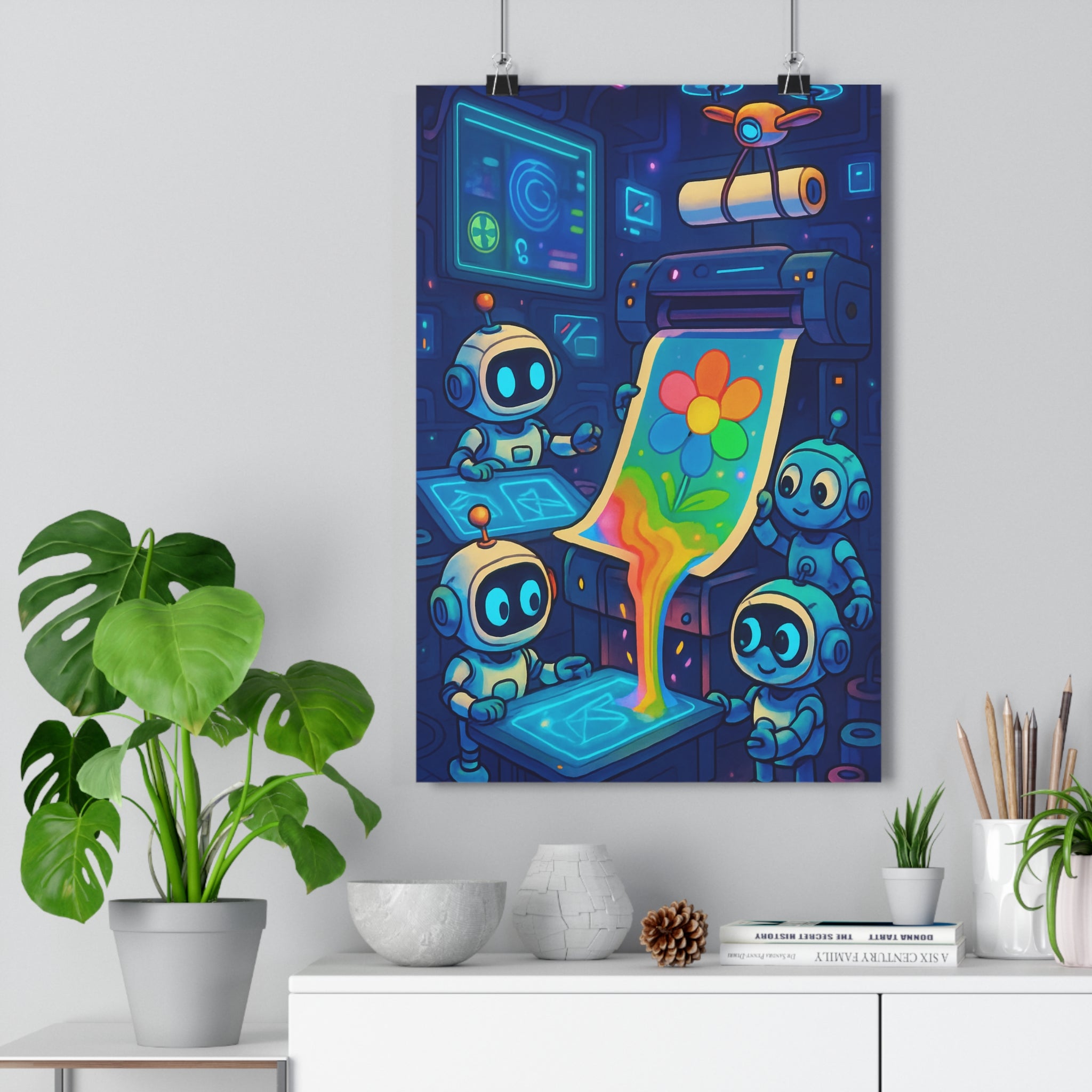 Poster décoratif futuriste art moderne bleu vert salon bureau design unique tendance qualité premium