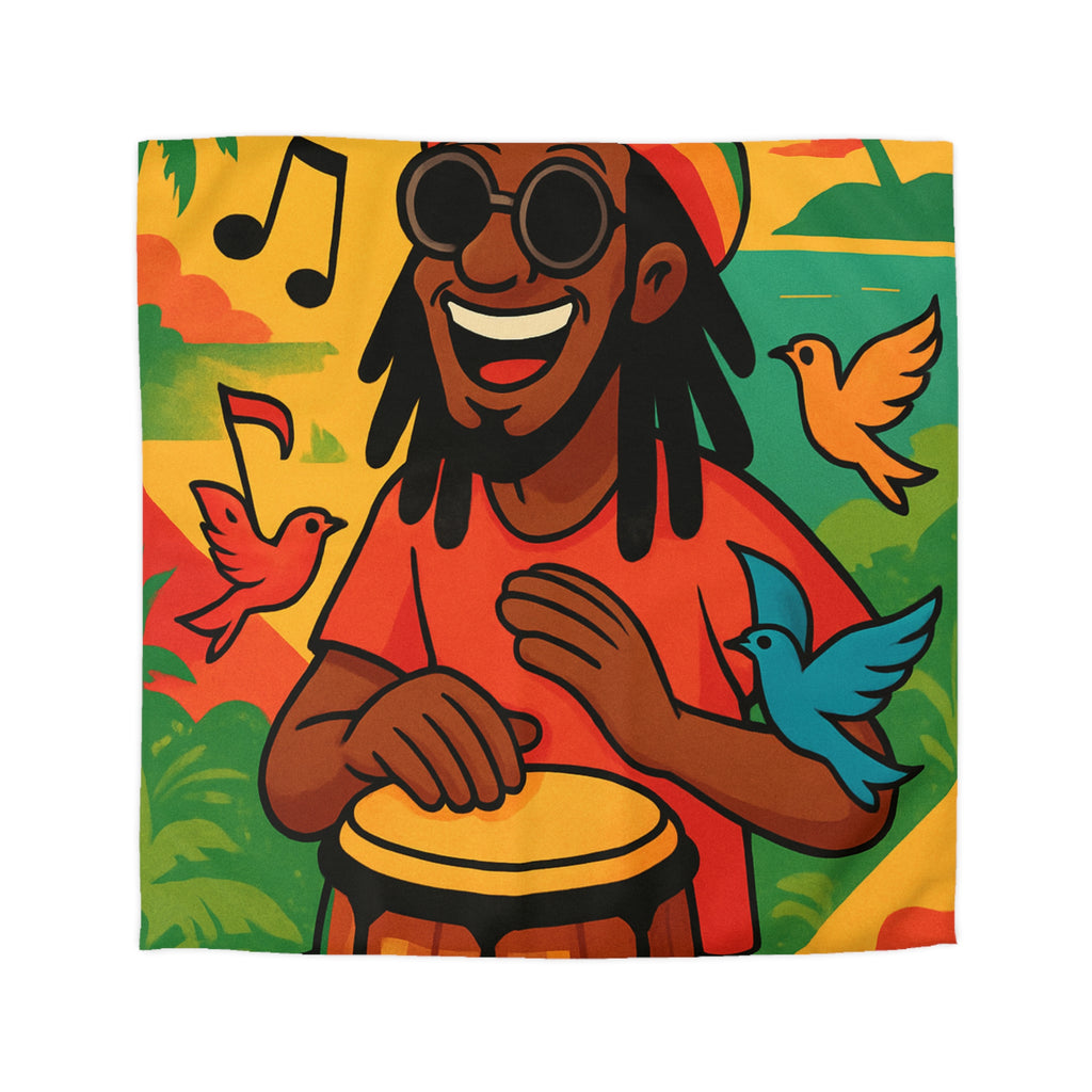 Housse de couette vibrante arc-en-ciel reggae avec tambour, palmiers et oiseaux colorés