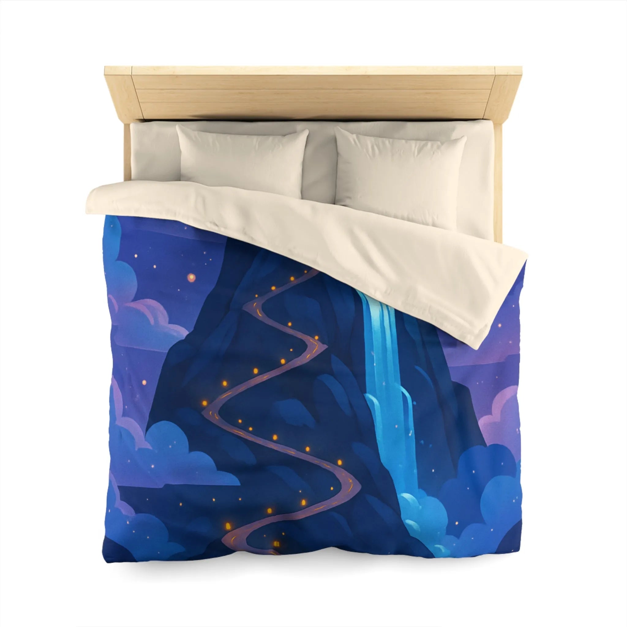 Housse de couette avec château glacé sur montagne illuminée sous ciel étoilé féerique