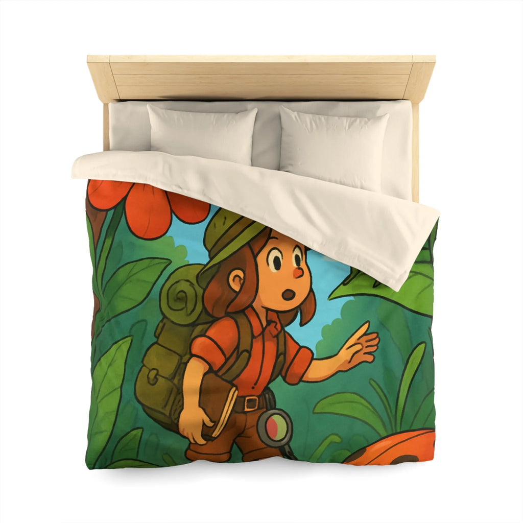 Housse de Couette Enfant Nature avec Exploratrice et Insectes Géants pour Aventure Ludiquement Colorée