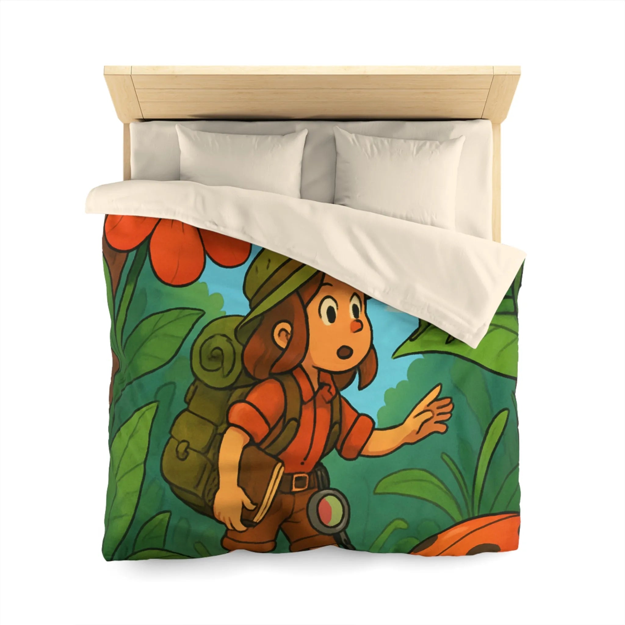 Housse de Couette Enfant Nature avec Exploratrice et Insectes Géants pour Aventure Ludiquement Colorée