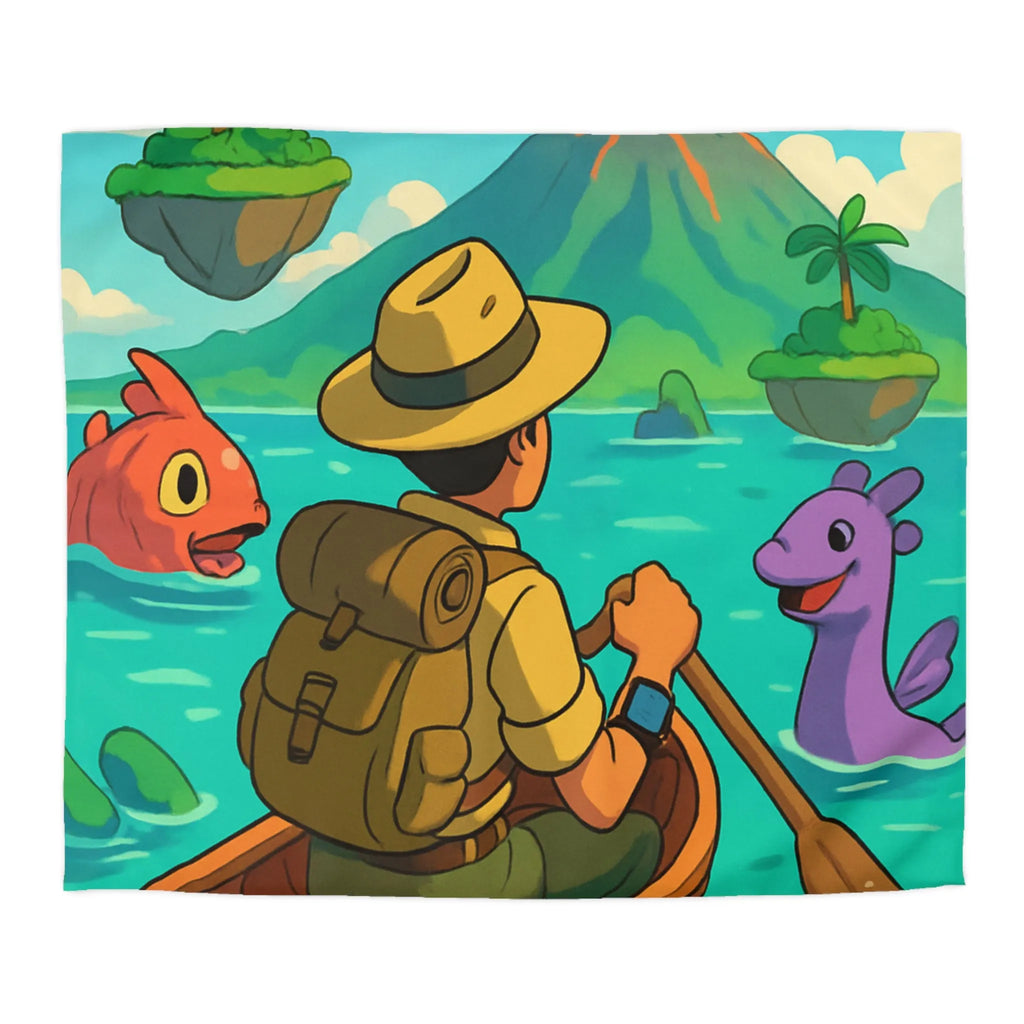 Housse de couette île volcanique exotique avec aventurier et créatures marines colorées