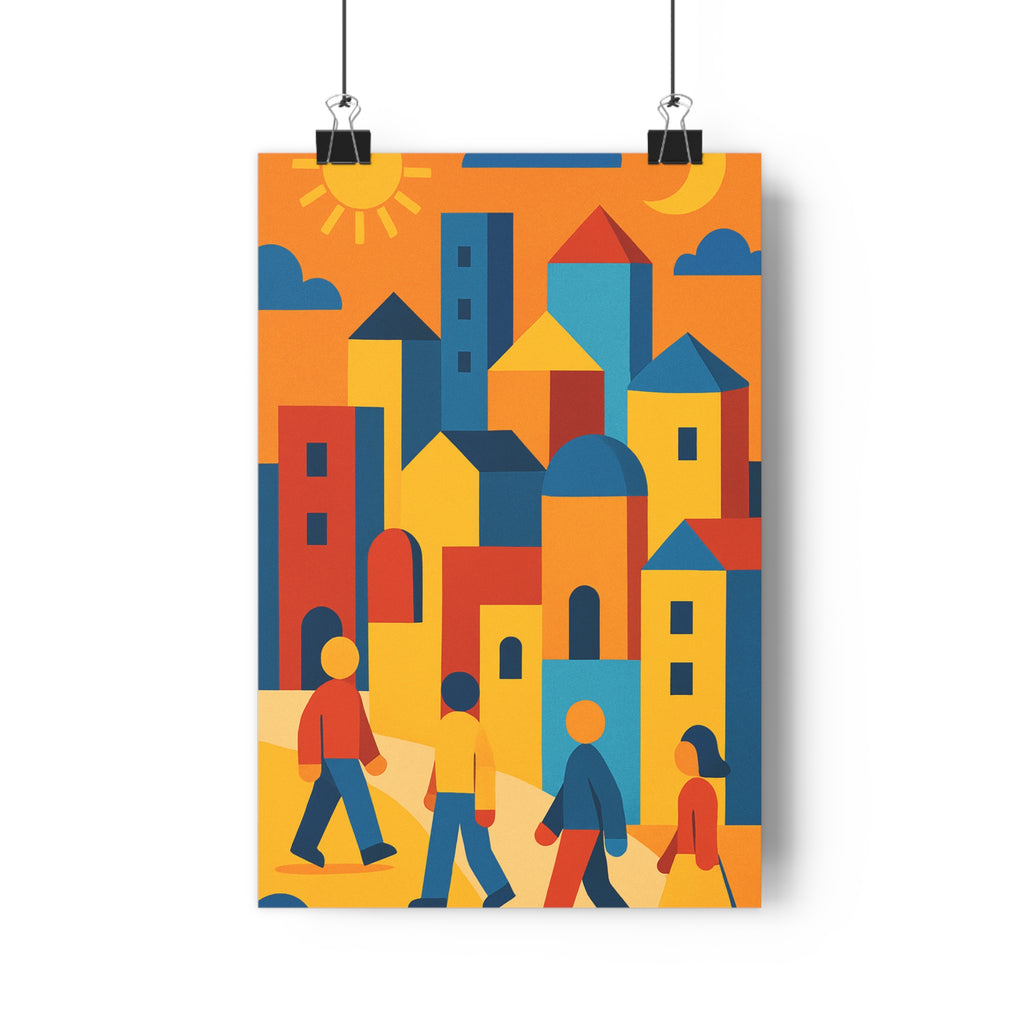 Poster décoratif moderne abstrait bleu rouge jaune cartoon joyeux salon chambre bureau dynamique personnages