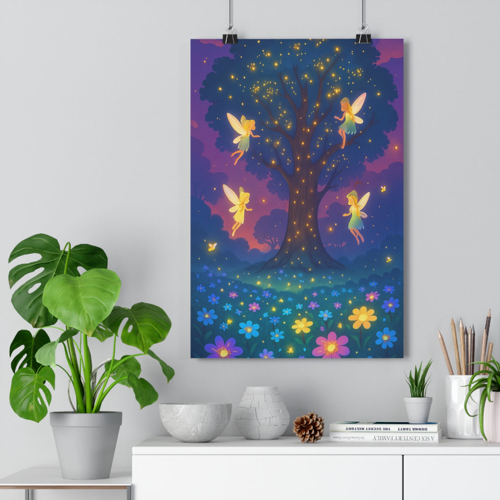 Poster décoratif clairière mystique crépuscule violet rose fées arbre magique anime enchanté chambre salon