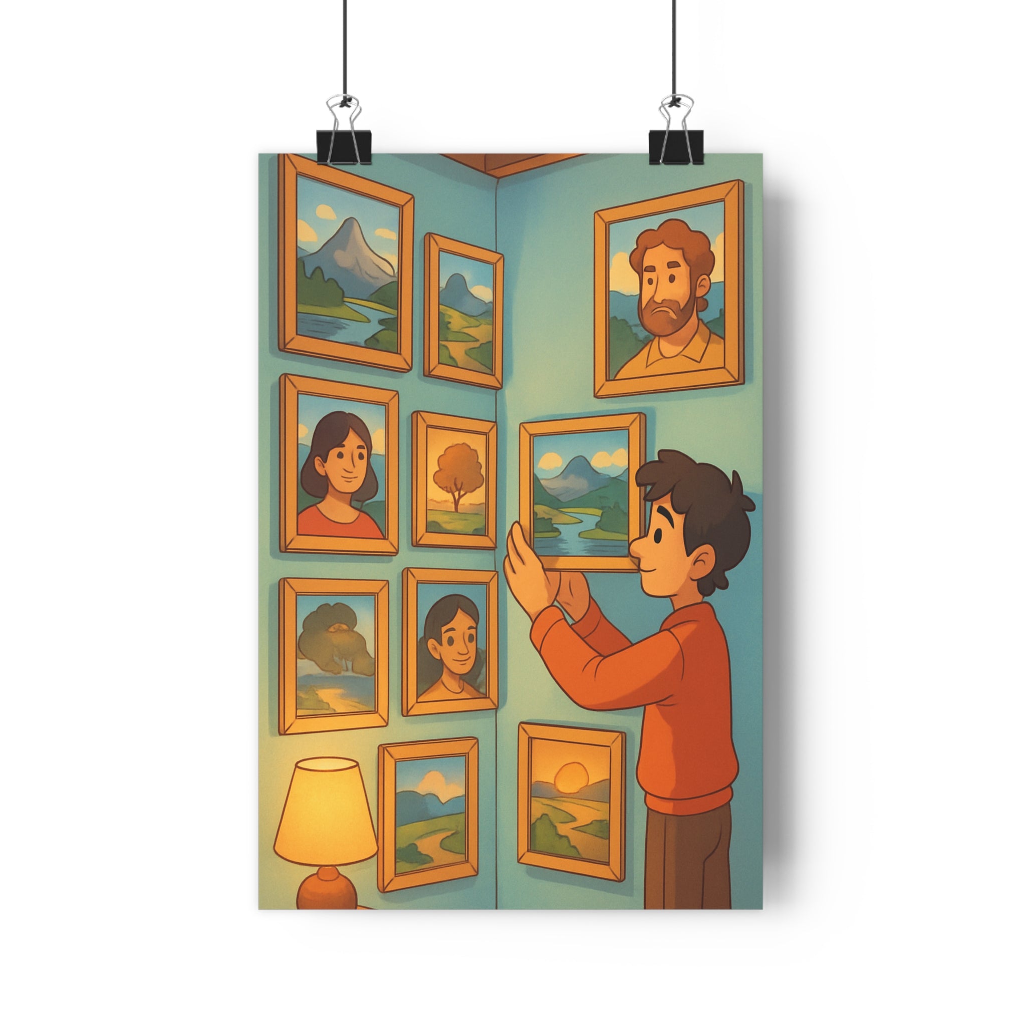 Poster décoratif anime doux apaisant bleu chaleureux salon chambre sérénité cadre personnage 30x46 qualité
