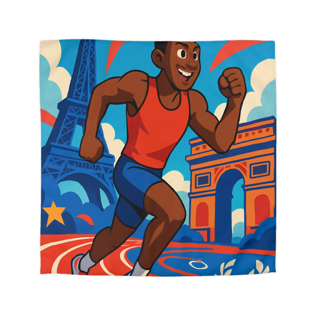 Couverture de lit sportive avec athlète vibrant et monuments emblématiques pour chambre dynamique