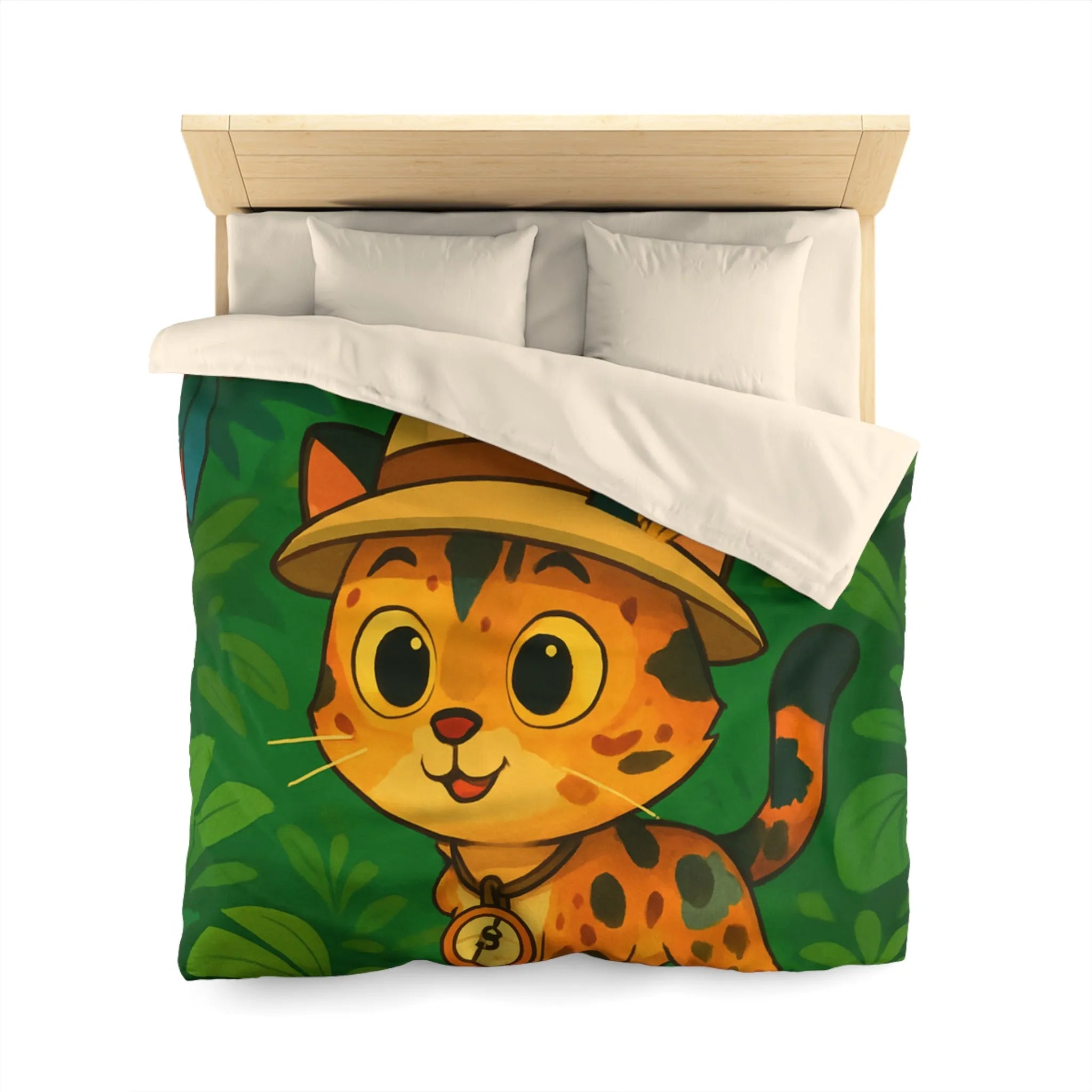 Housse de couette avec chat explorateur, jungle colorée, perroquet et singe joyeux