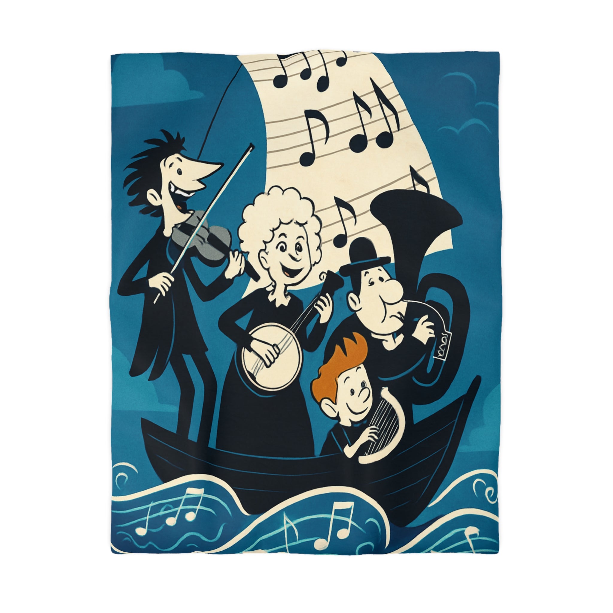 Housse de couette musicale sur l'océan avec personnages dans un bateau joyeux
