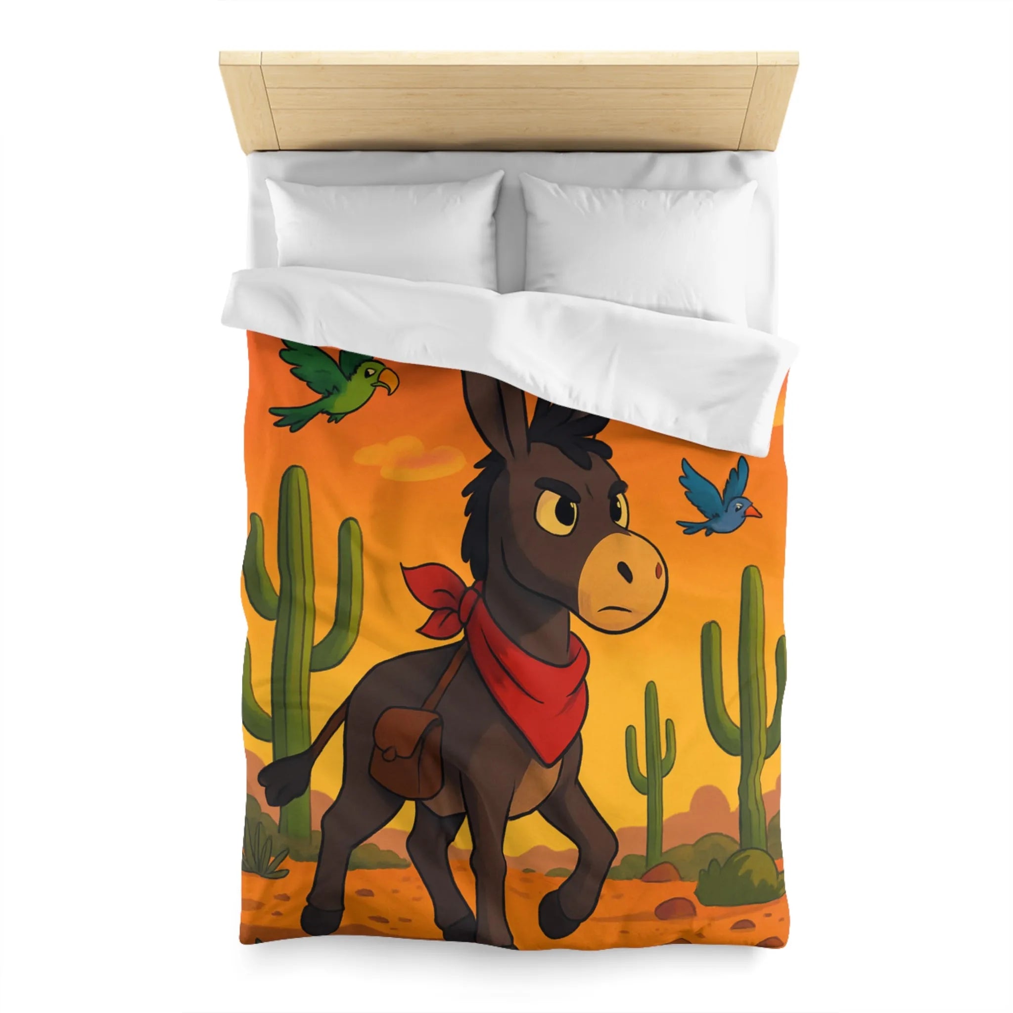 Housse de couette avec âne mignon et oiseaux colorés en désert animé