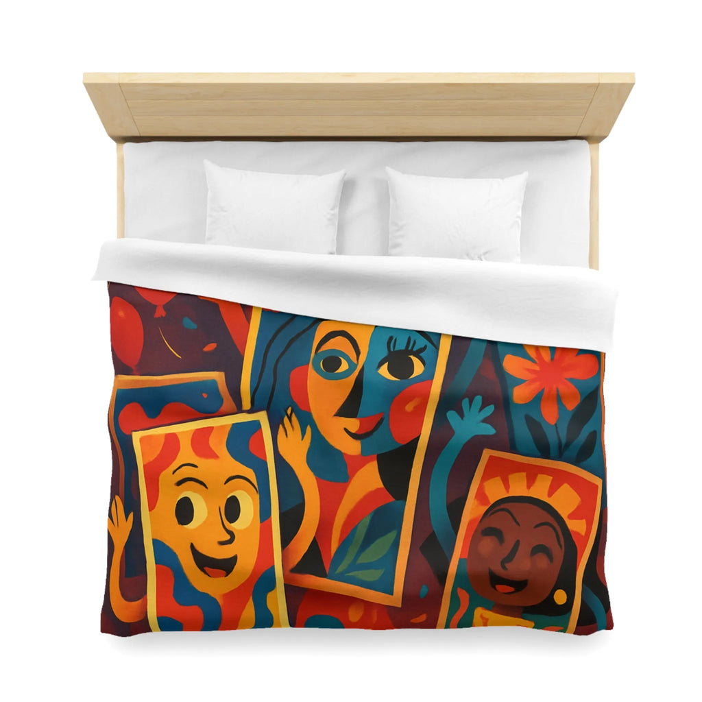 Housse de couette colorée comics avec motifs de fête et personnages joyeux